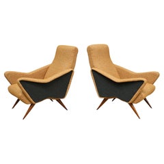 Pair of Turin School Armchairs in Walnut and Ochre & Navy Bouclé, Italy, 1950s