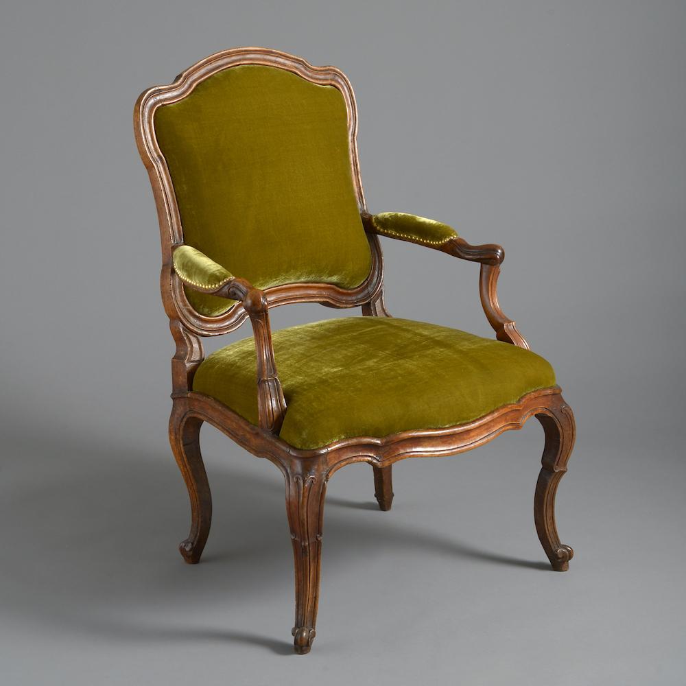 A fine pair of North Italian walnut armchairs, Turin, circa 1760.