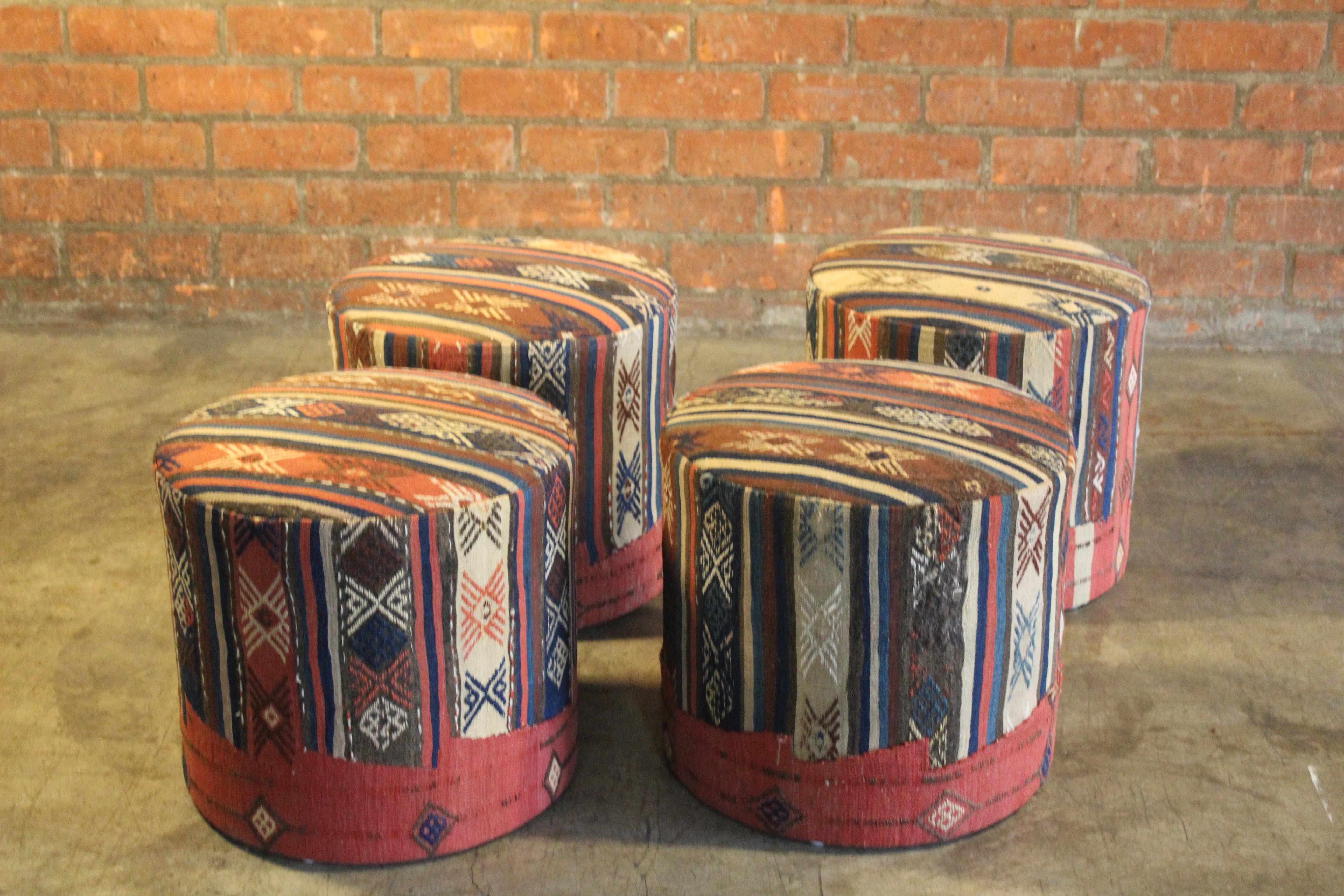 Pair of newly made custom stools upholstered in a vintage wool Turkish kilim. Sold as pairs, we have two pairs available.