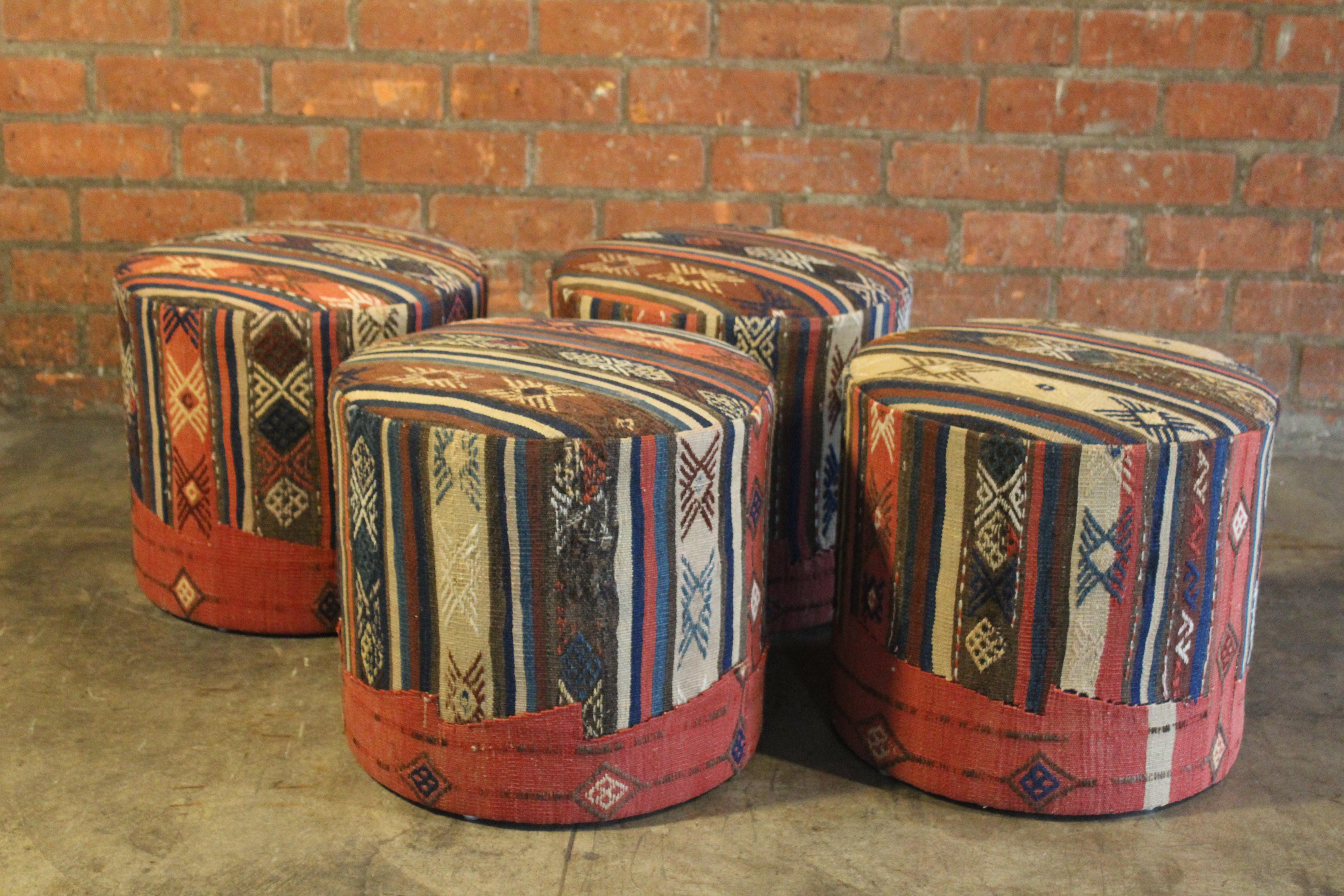 Wool Pair of Turkish Kilim Stools, One Pair Available