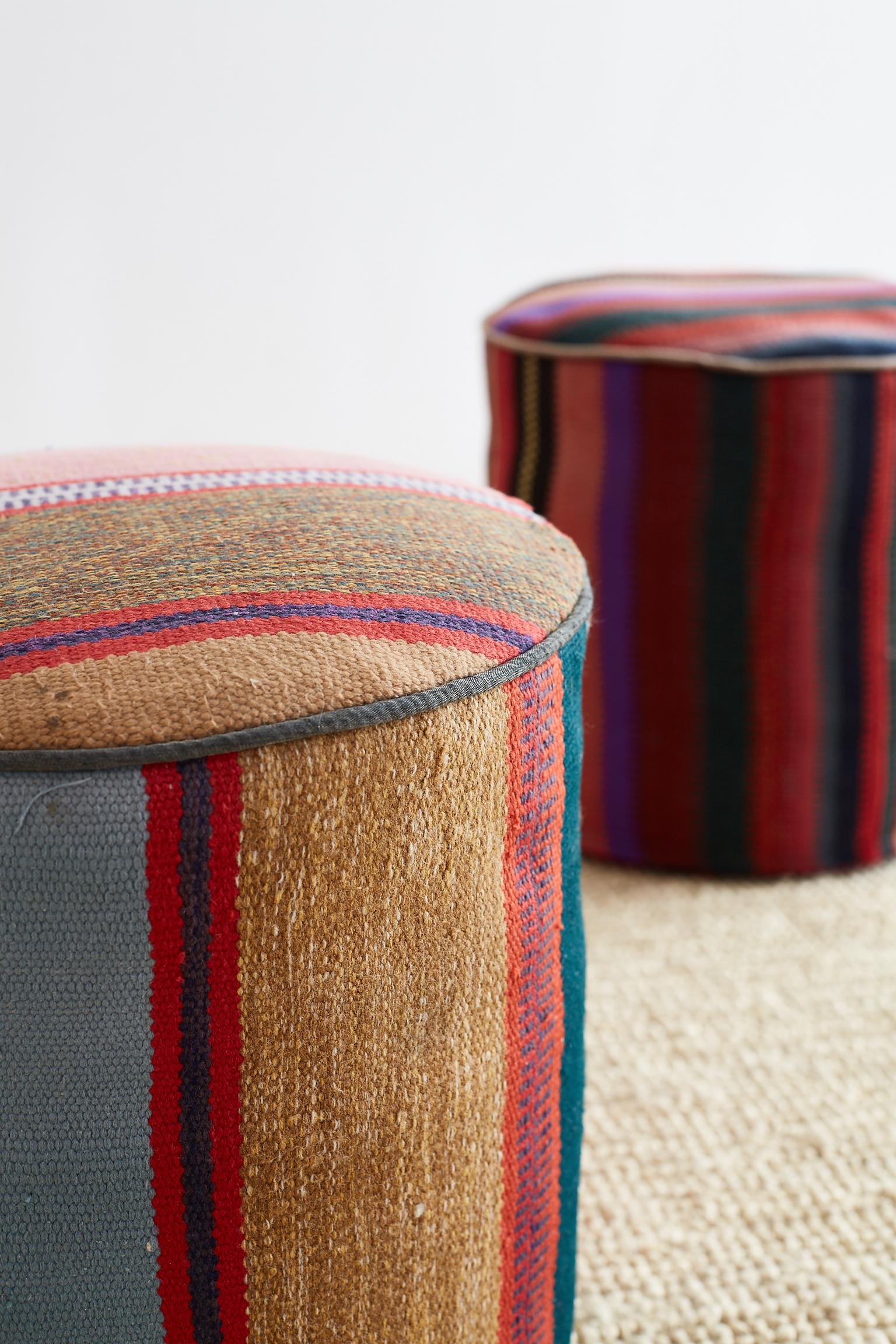 Hand-Crafted Pair of Turkish Kilim Striped Pouf Ottomans