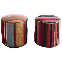 Pair of Turkish Kilim Striped Pouf Ottomans