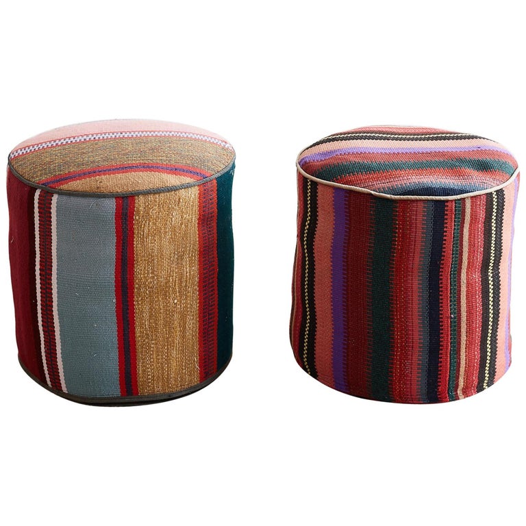 Pair of Turkish Kilim Striped Pouf Ottomans at 1stdibs