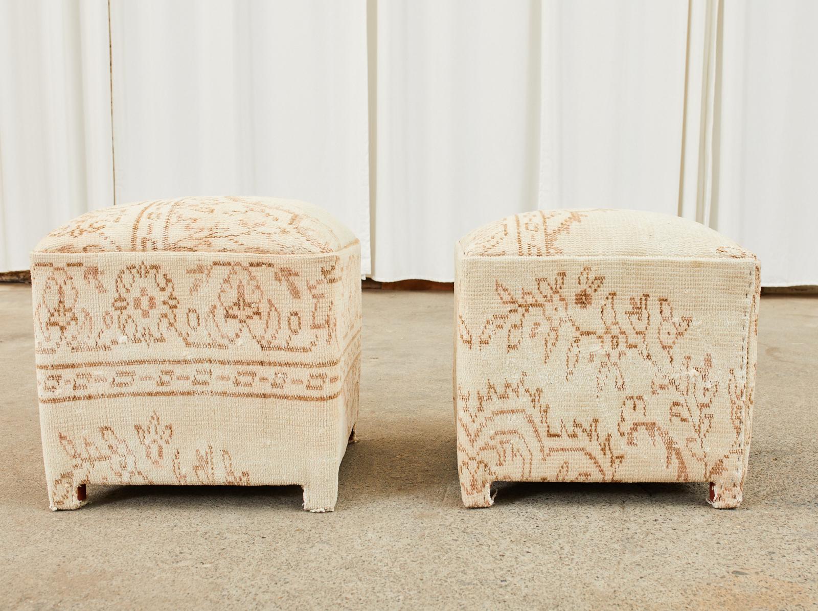 Pair of Turkish Kilim Style Rug Foot Stool Ottoman Poufs In Distressed Condition In Rio Vista, CA