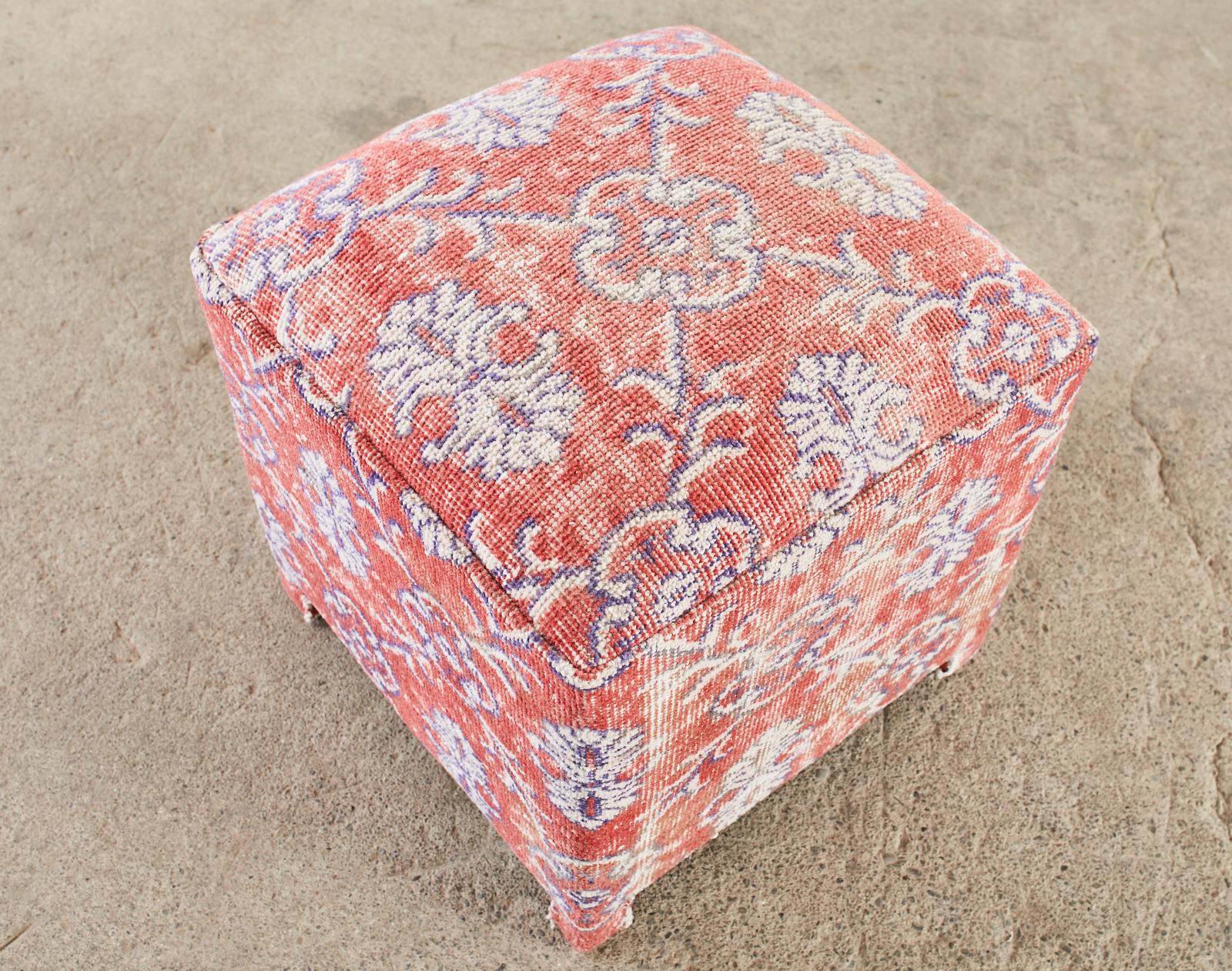 Pair of Turkish Kilim Style Rug Footstool Ottoman Poufs In Distressed Condition In Rio Vista, CA