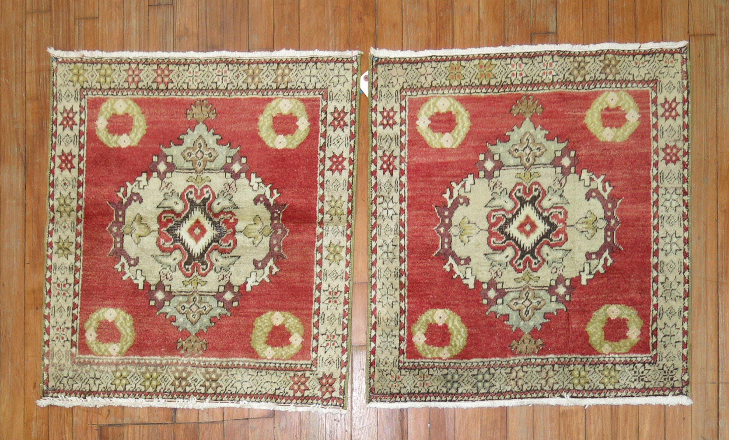 Hand-Woven Pair of Turkish Square Rugs
