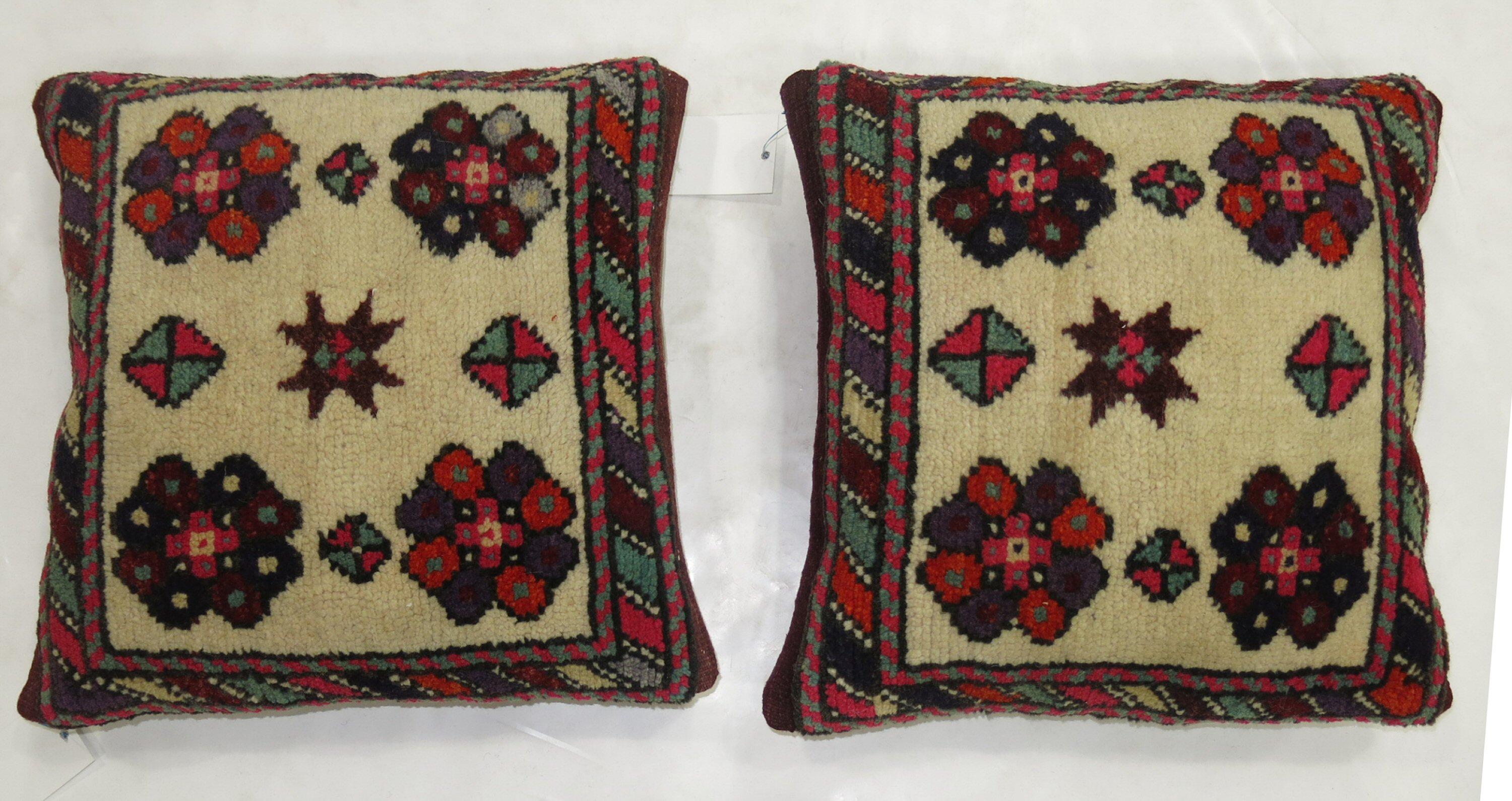 Wool Pair of Turkish Village Rug Pillows For Sale