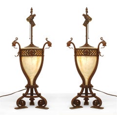 Pair of Italian Renaissance Style Iron and Alabaster Table Lamps