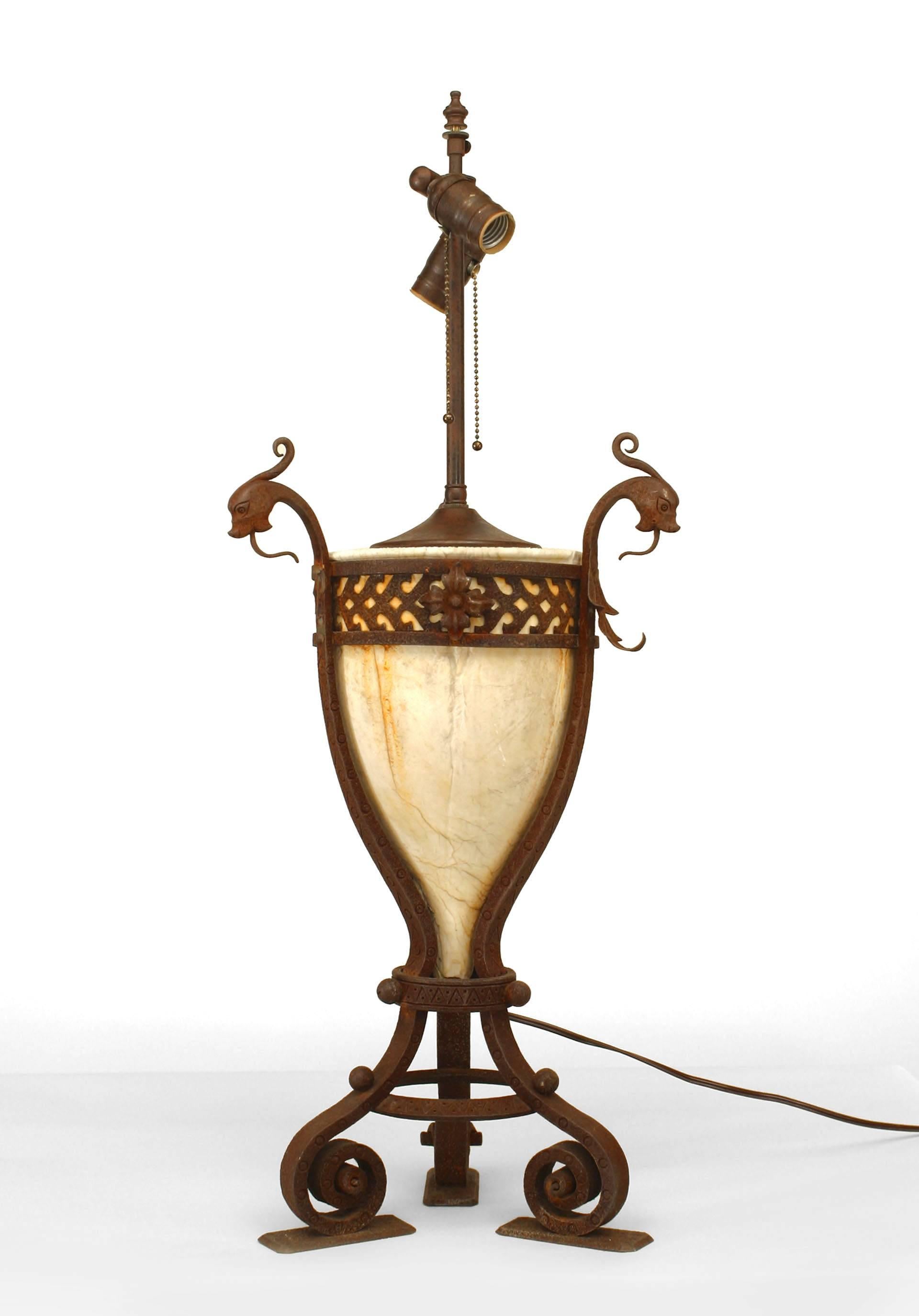 Pair of Italian Renaissance Style Iron and Alabaster Table Lamps In Good Condition For Sale In New York, NY