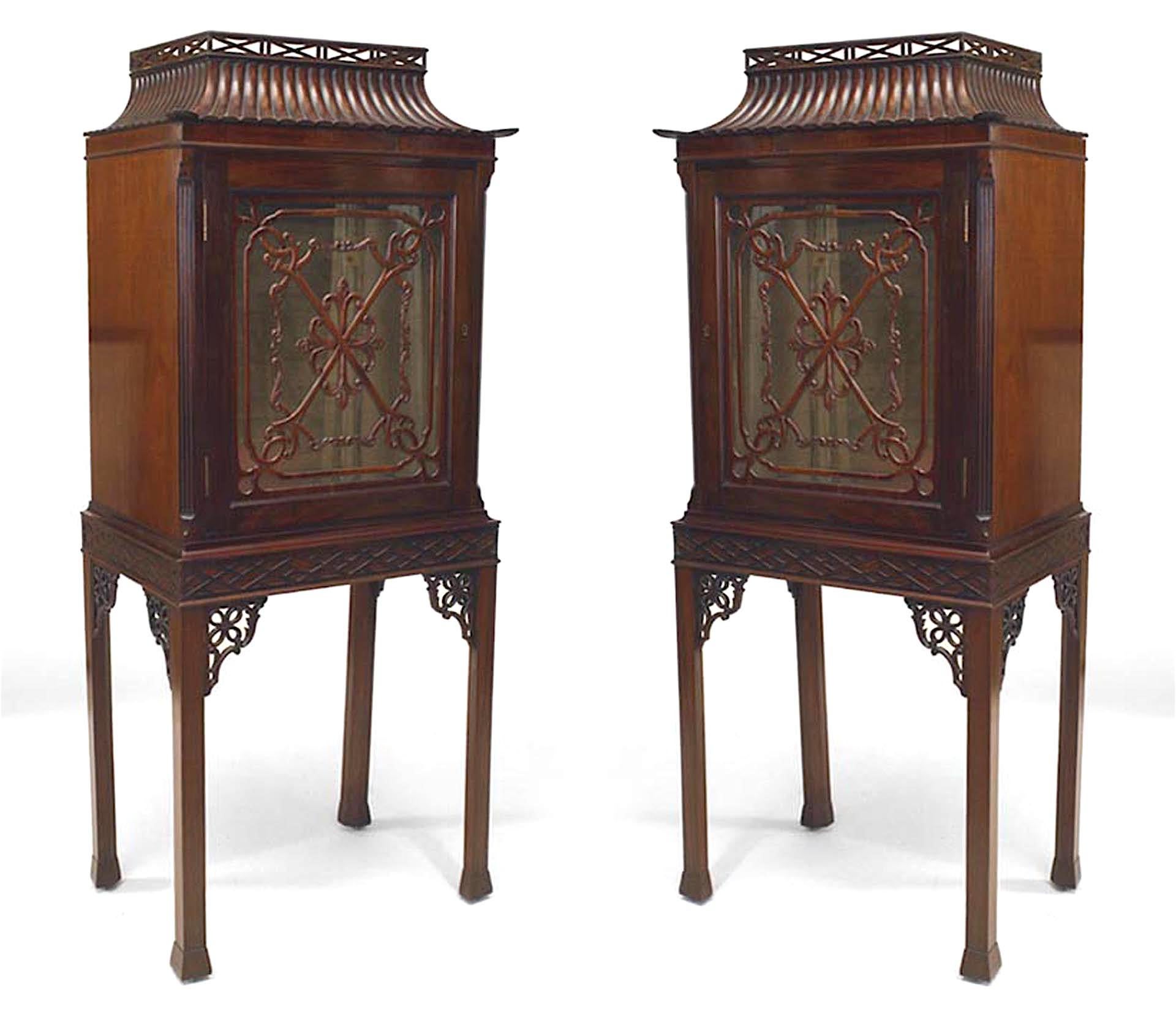 Pair of English Chinese Chippendale-style (19/20th Century) mahogany curio display cabinets with glass door and pagoda top. (PRICED AS Pair)
