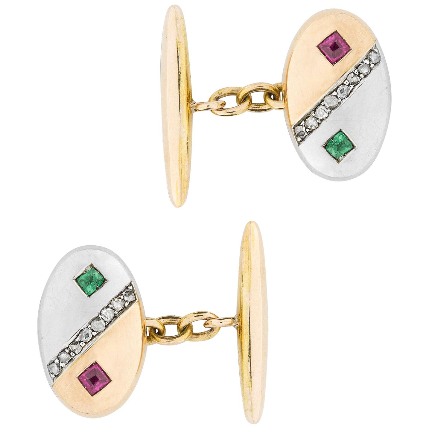 Pair of Turn-of-the-Century Gold Gemset Cufflinks For Sale