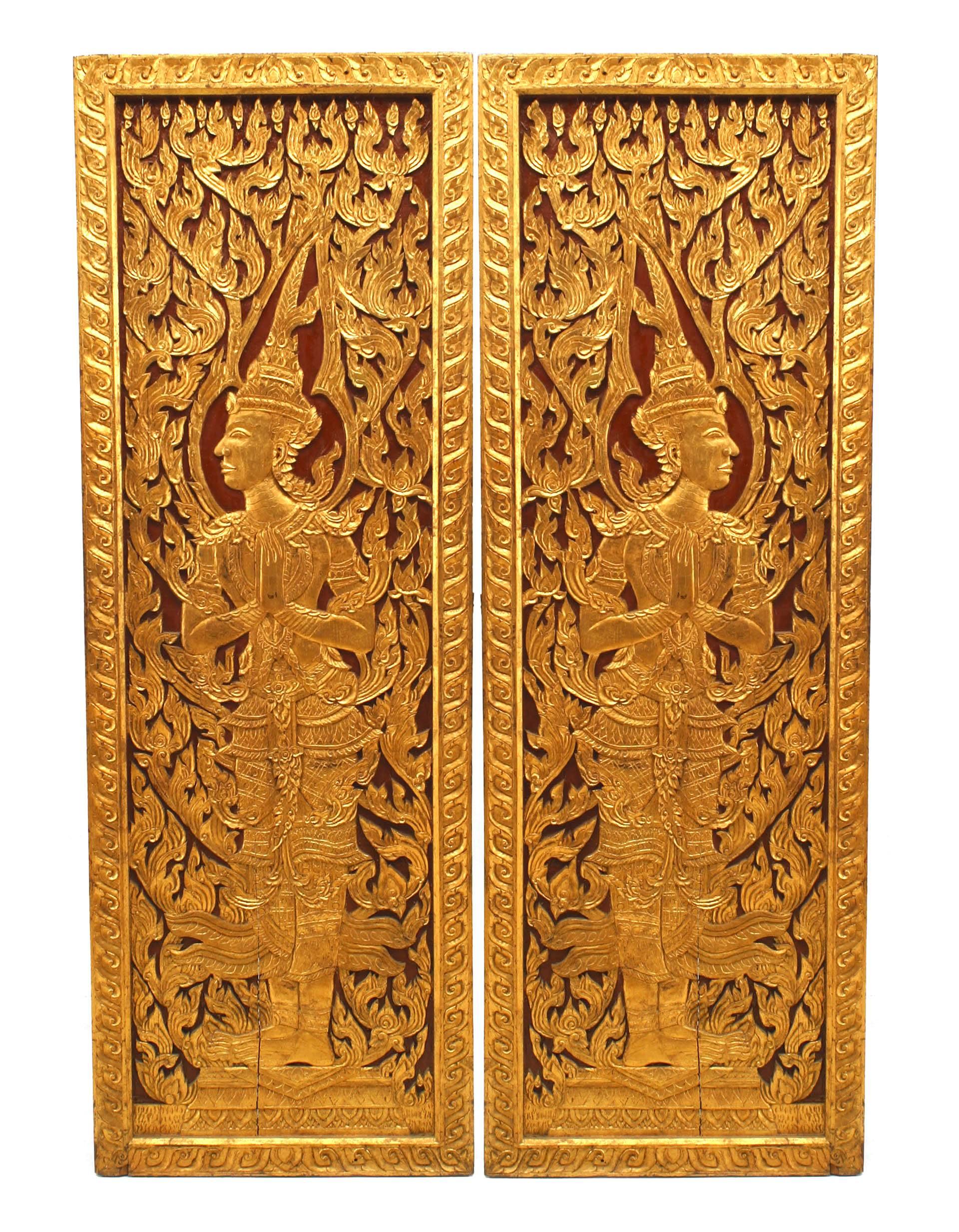 2 PairS of Asian Thai style (19/20th Century) red and gold painted and carved door panels with dancing figures (PRICED PER Pair).

