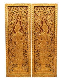 Pair of Thai Painted and Carved Door Panels