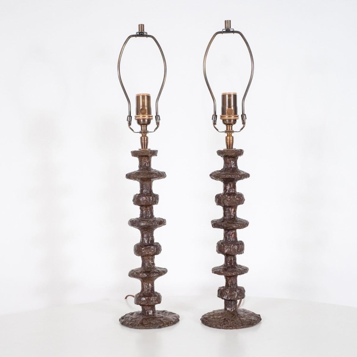 Organic Modern Pair of Turned Bronze Table Lamps by Claudio Gonzalez