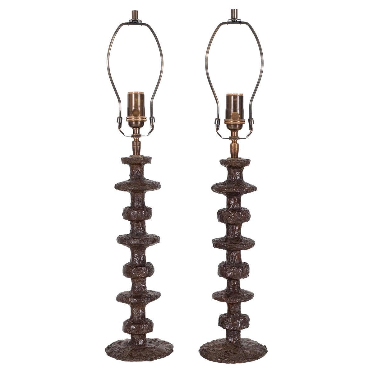 Pair of Turned Bronze Table Lamps by Claudio Gonzalez