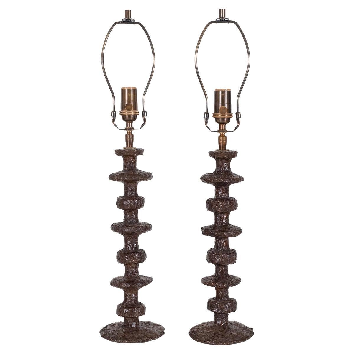 Pair of Turned Bronze Table Lamps by Claudio Gonzalez For Sale