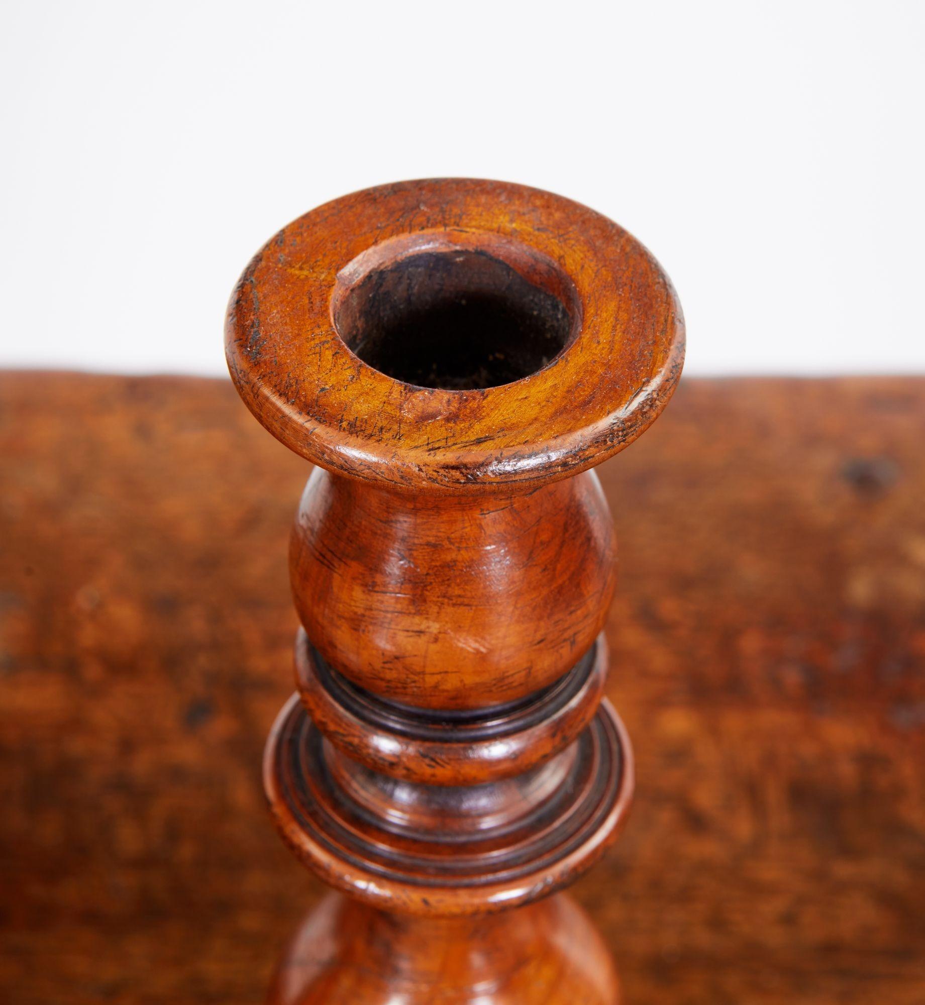 English Pair of Turned Fruitwood Candlesticks For Sale