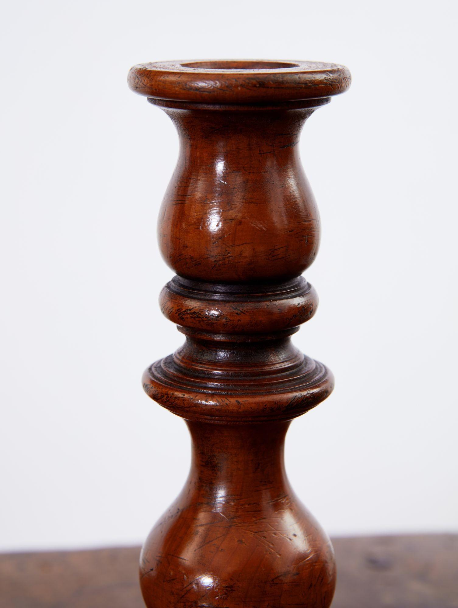 Pair of Turned Fruitwood Candlesticks For Sale 2