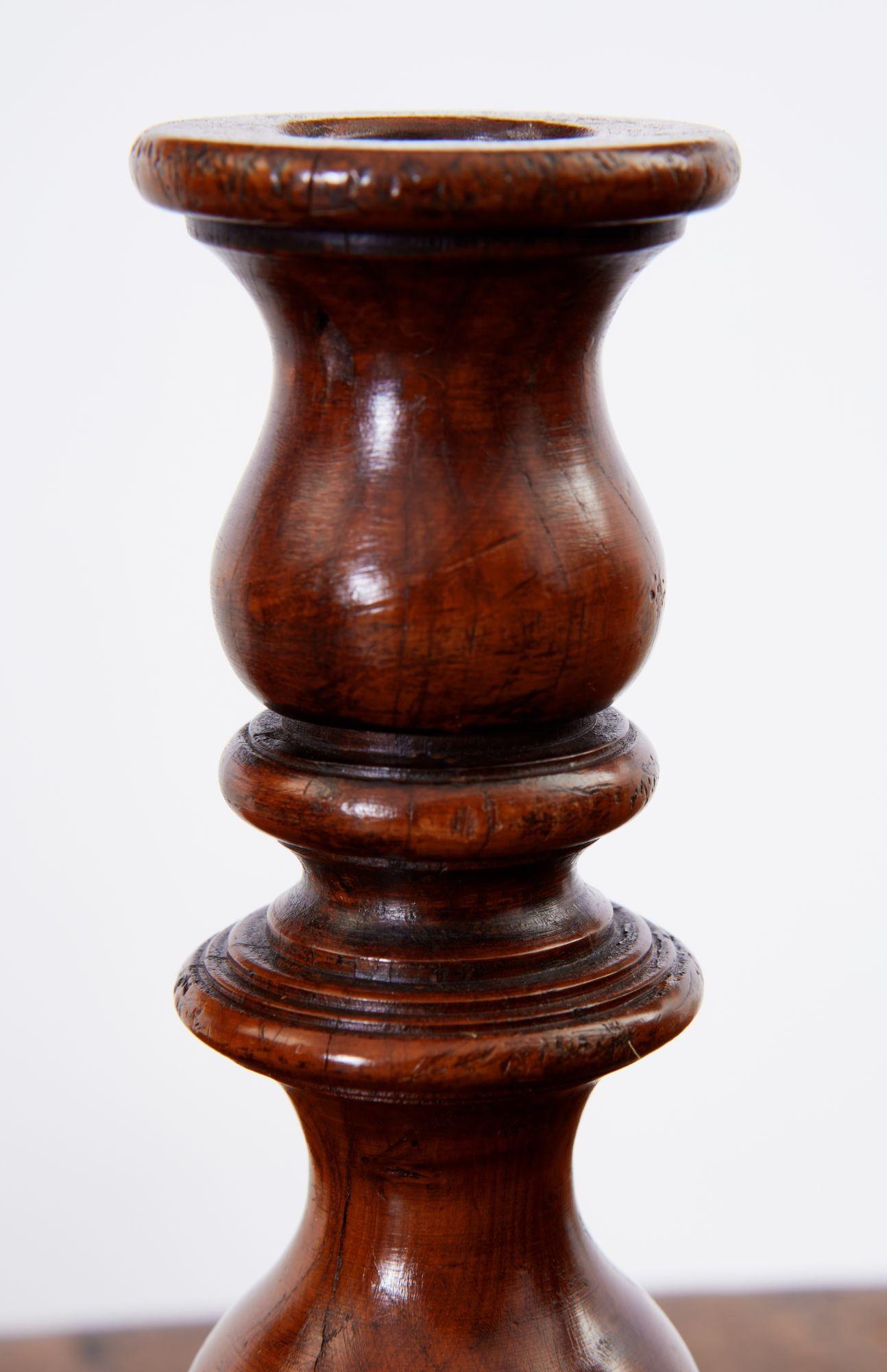 Pair of Turned Fruitwood Candlesticks For Sale 3