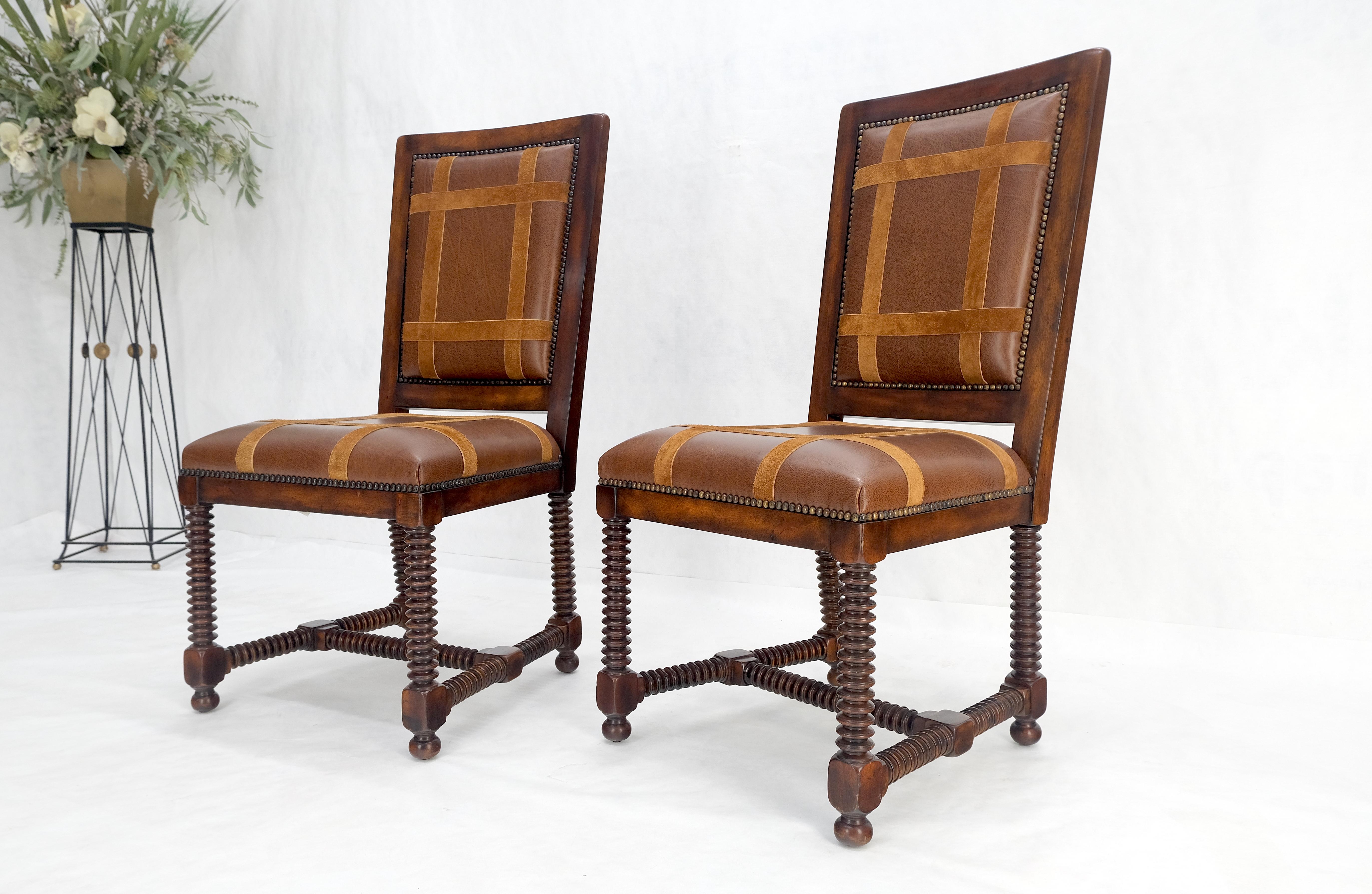 Pair of Turned Legs & Stretchers Large Leather Upholstery Side Chairs MINT! For Sale 4