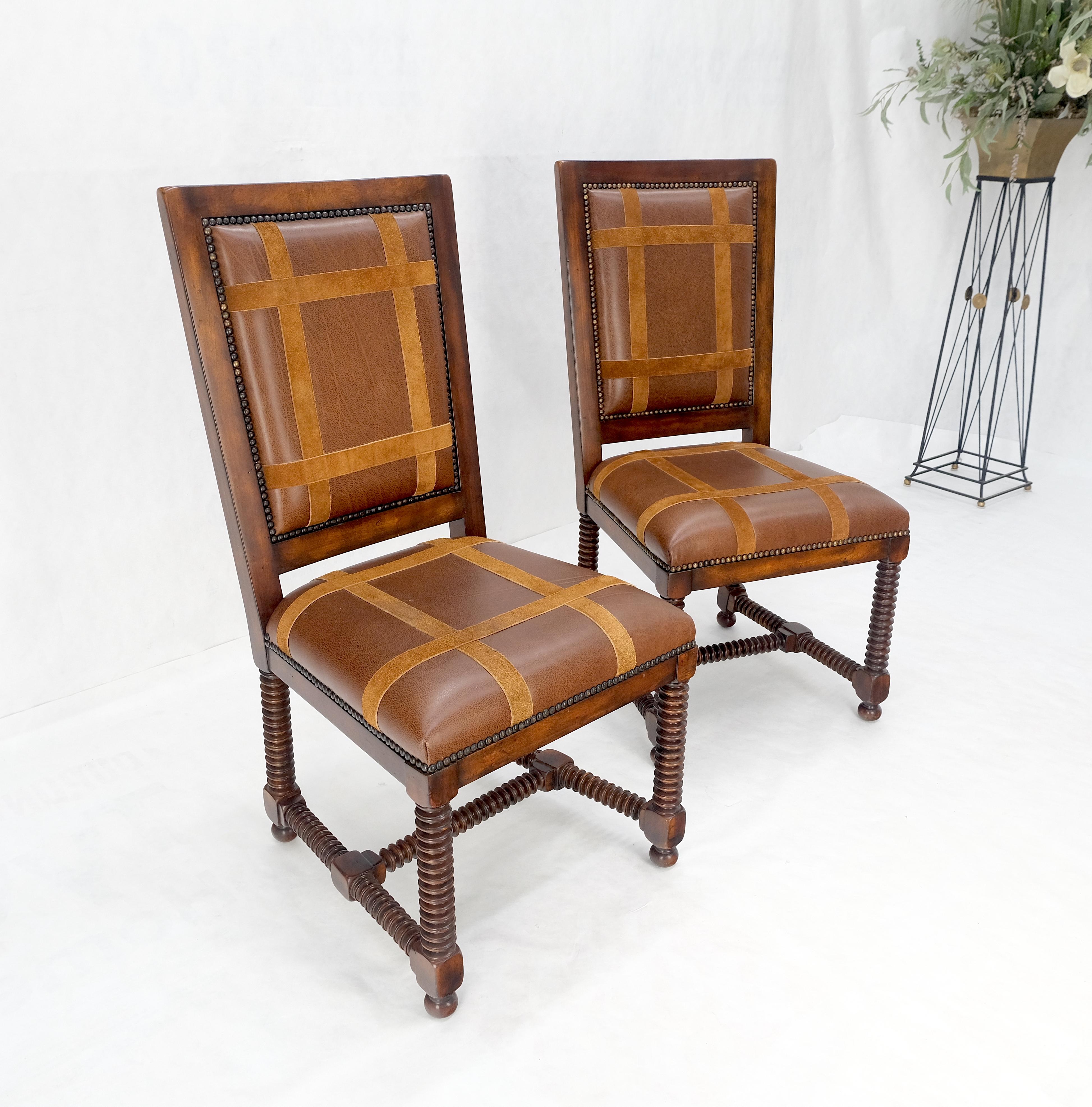 Pair of Turned Legs & Stretchers Large Leather Upholstery Side Chairs MINT! For Sale 5
