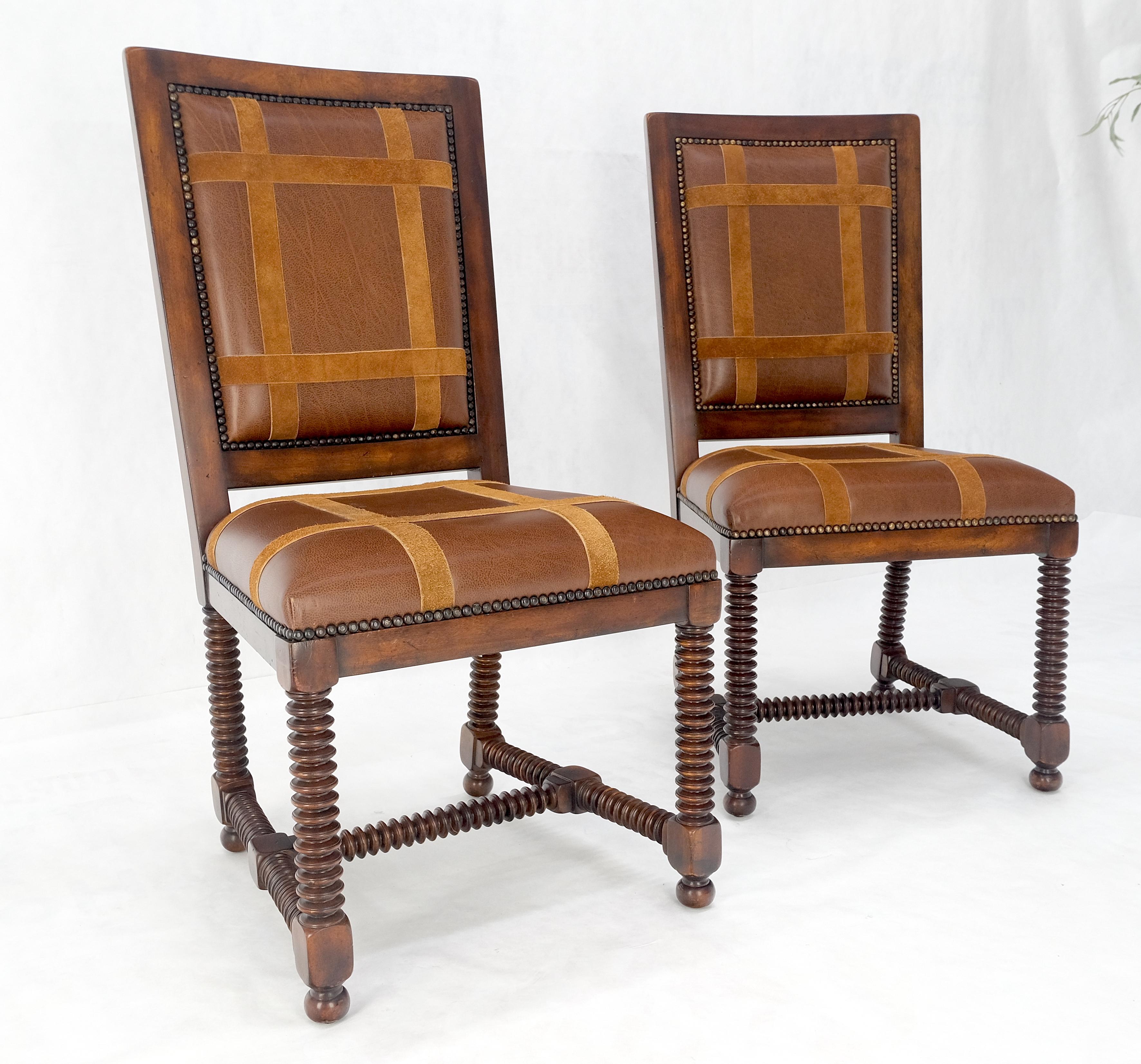 Pair of Turned Legs & Stretchers Large Leather Upholstery Side Chairs MINT! For Sale 6