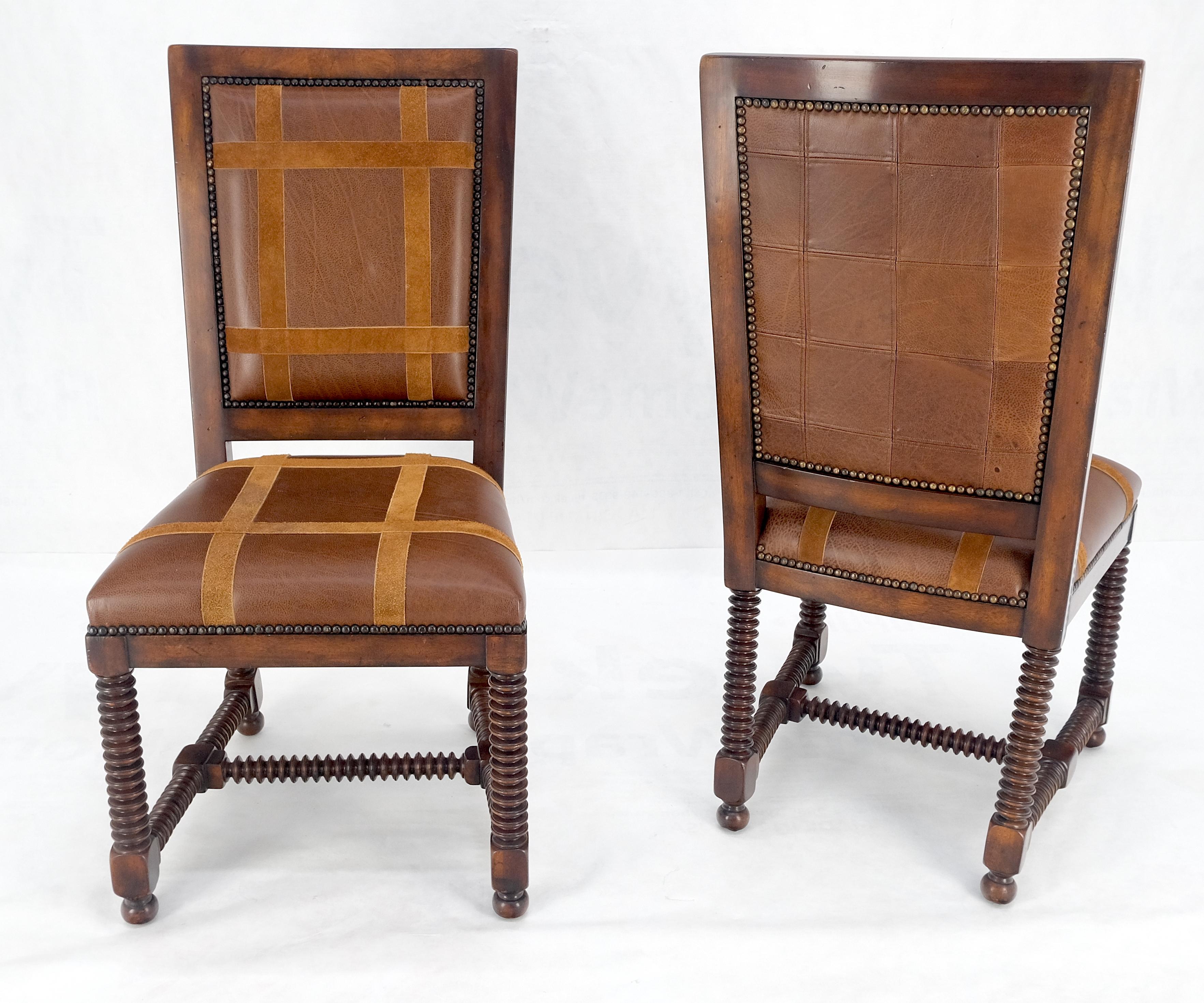 Carved Pair of Turned Legs & Stretchers Large Leather Upholstery Side Chairs MINT! For Sale