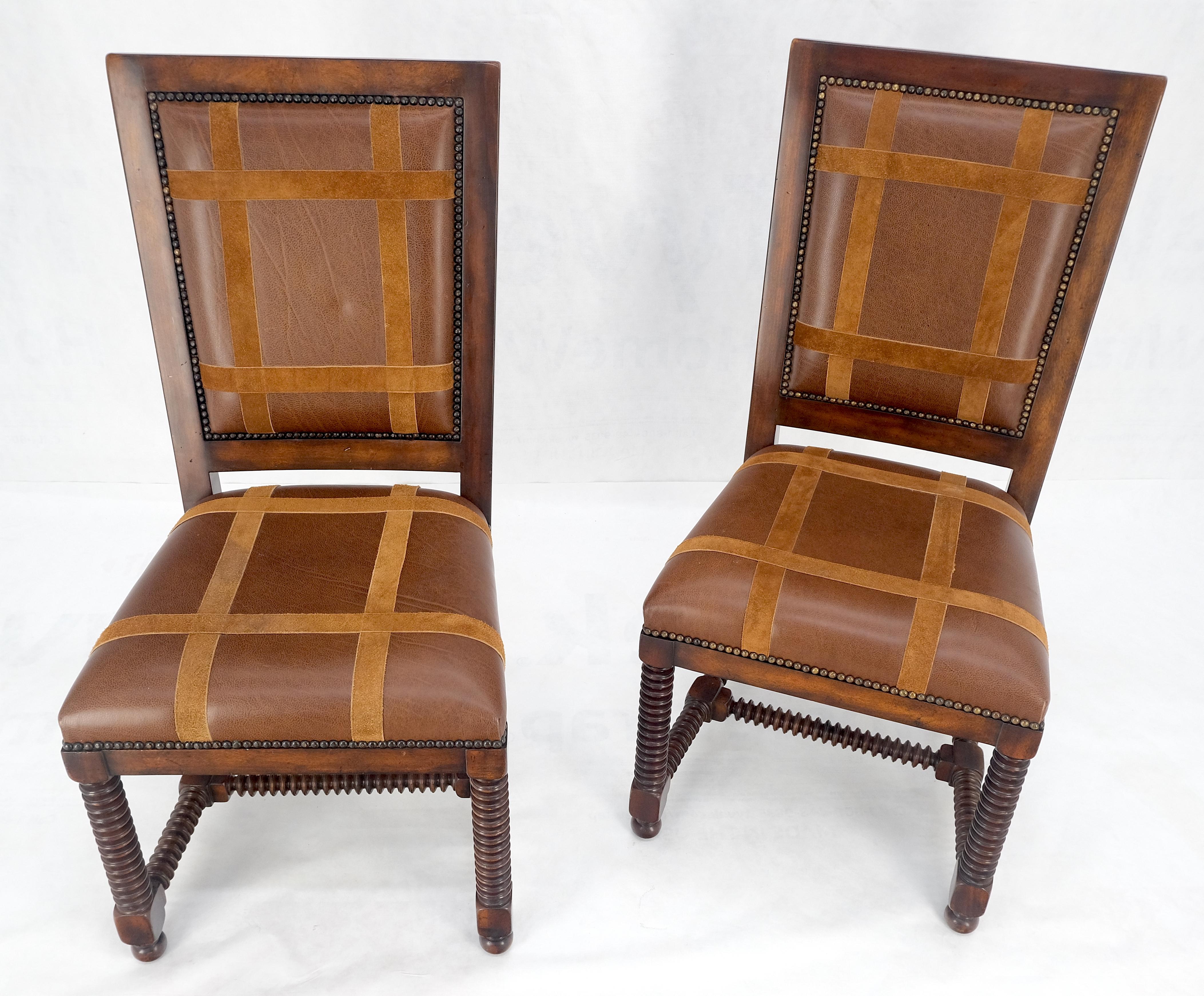 20th Century Pair of Turned Legs & Stretchers Large Leather Upholstery Side Chairs MINT! For Sale