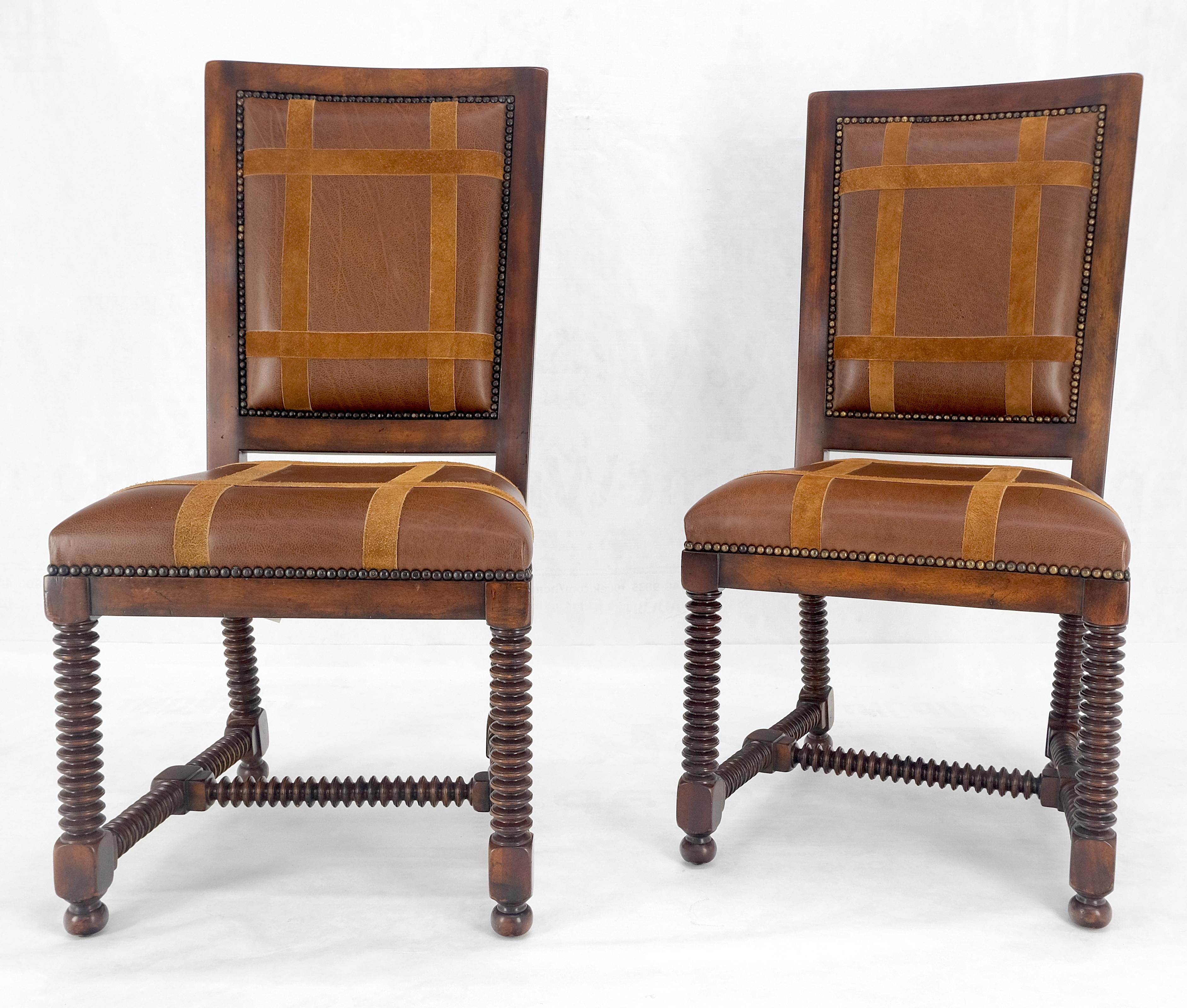 Pair of Turned Legs & Stretchers Large Leather Upholstery Side Chairs MINT! For Sale 1