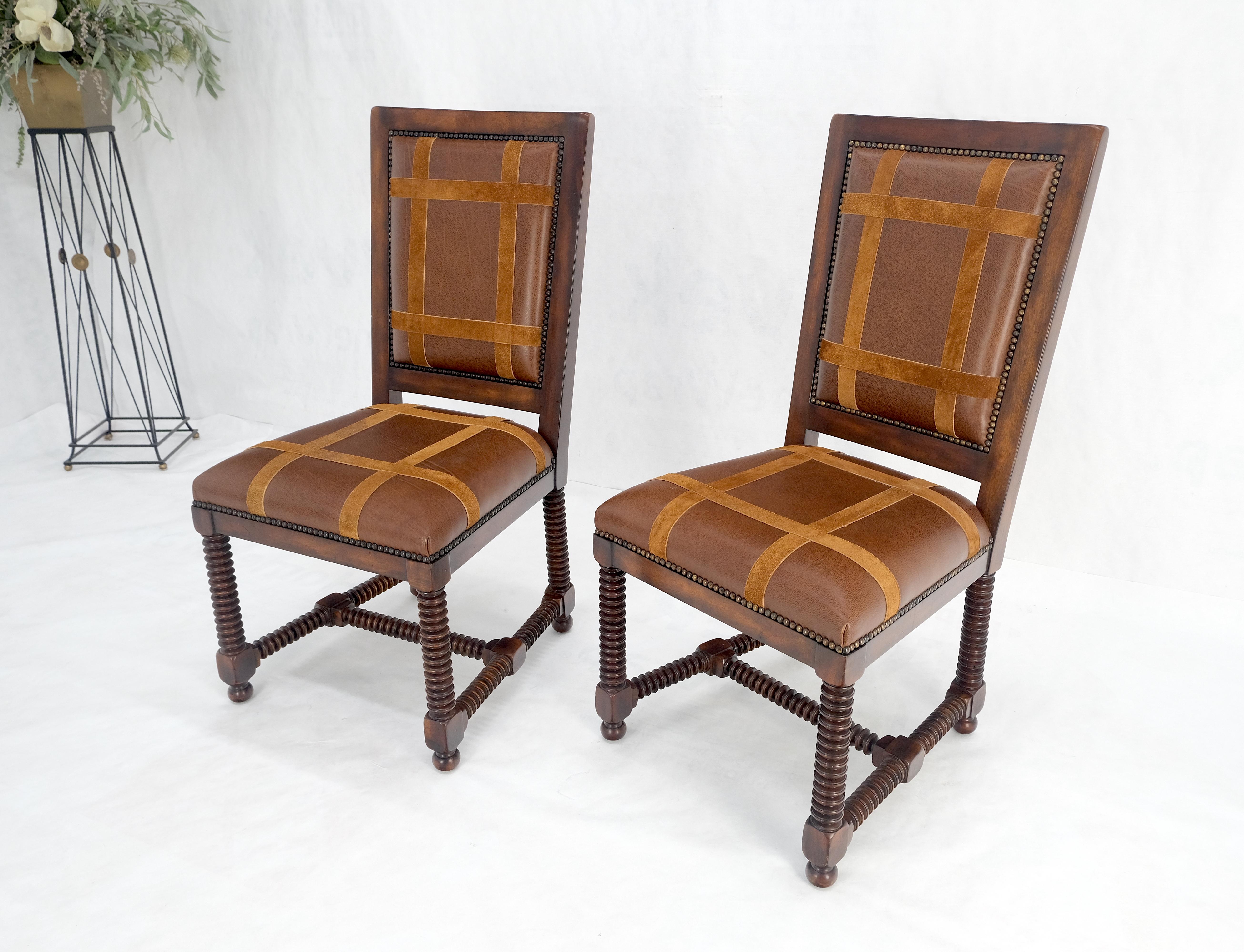 Pair of Turned Legs & Stretchers Large Leather Upholstery Side Chairs MINT! For Sale 3