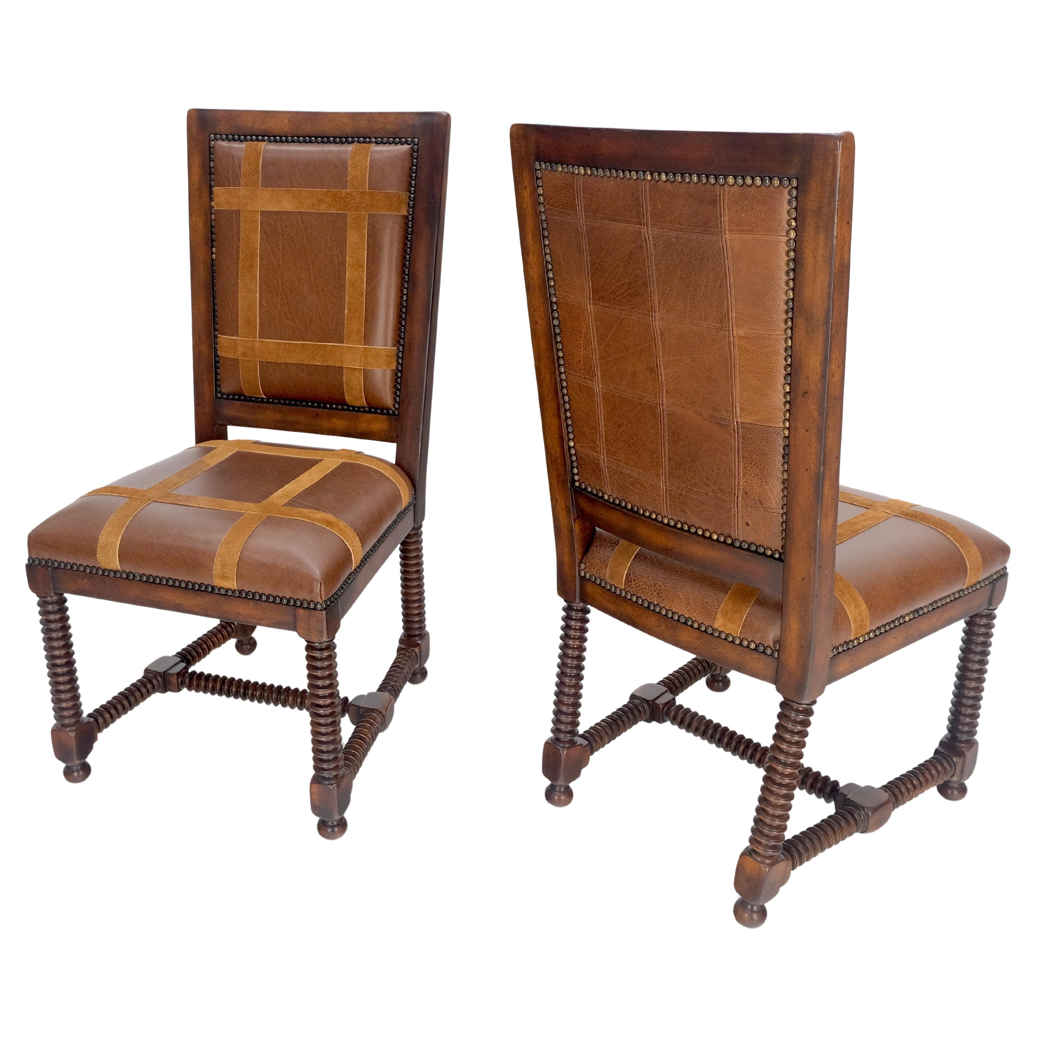 Pair of Turned Legs & Stretchers Large Leather Upholstery Side Chairs MINT! For Sale