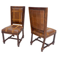 Vintage Pair of Turned Legs & Stretchers Large Leather Upholstery Side Chairs MINT!