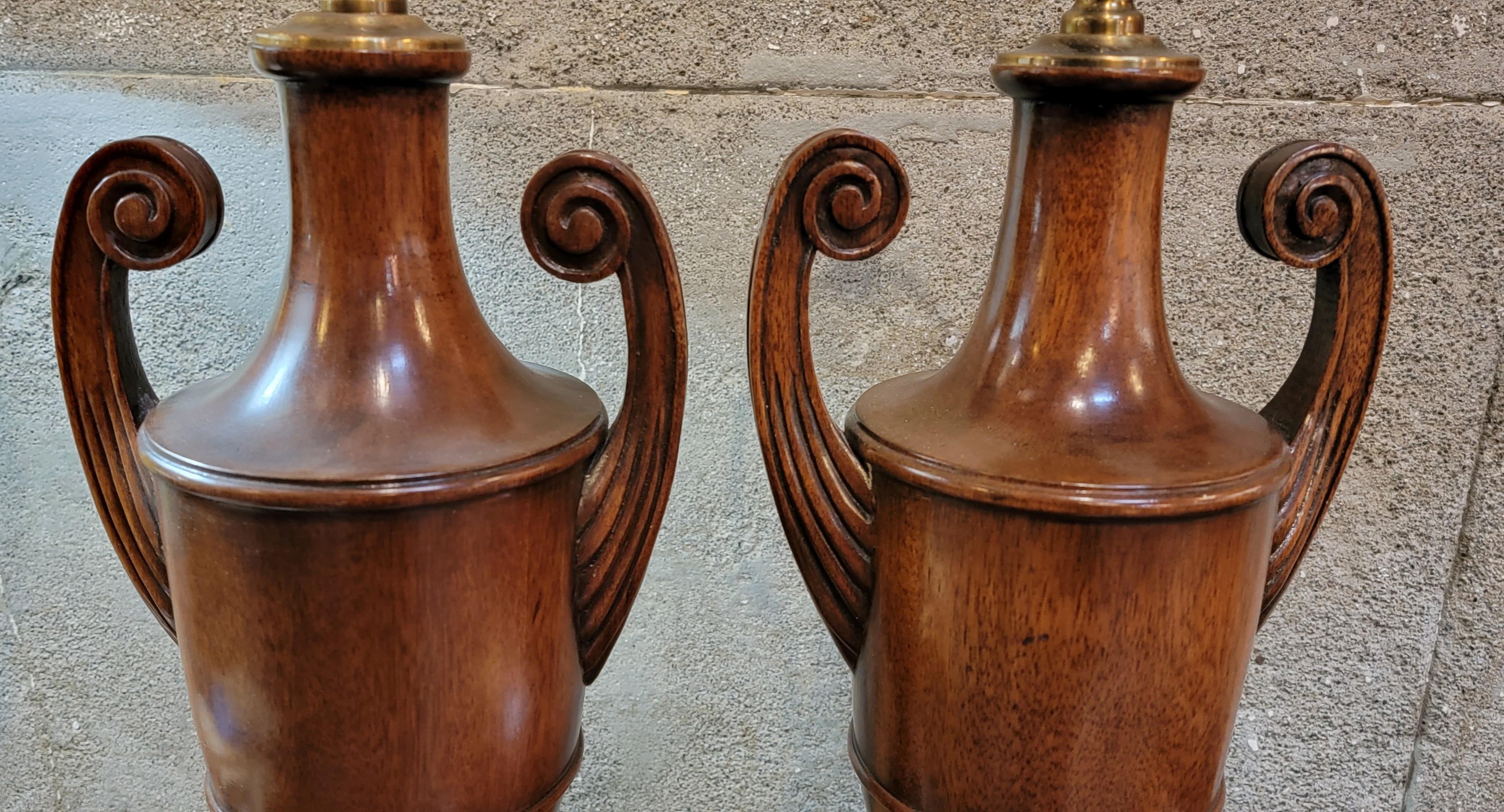 American Chippendale Style Solid Mahogany Urn Table Lamps
