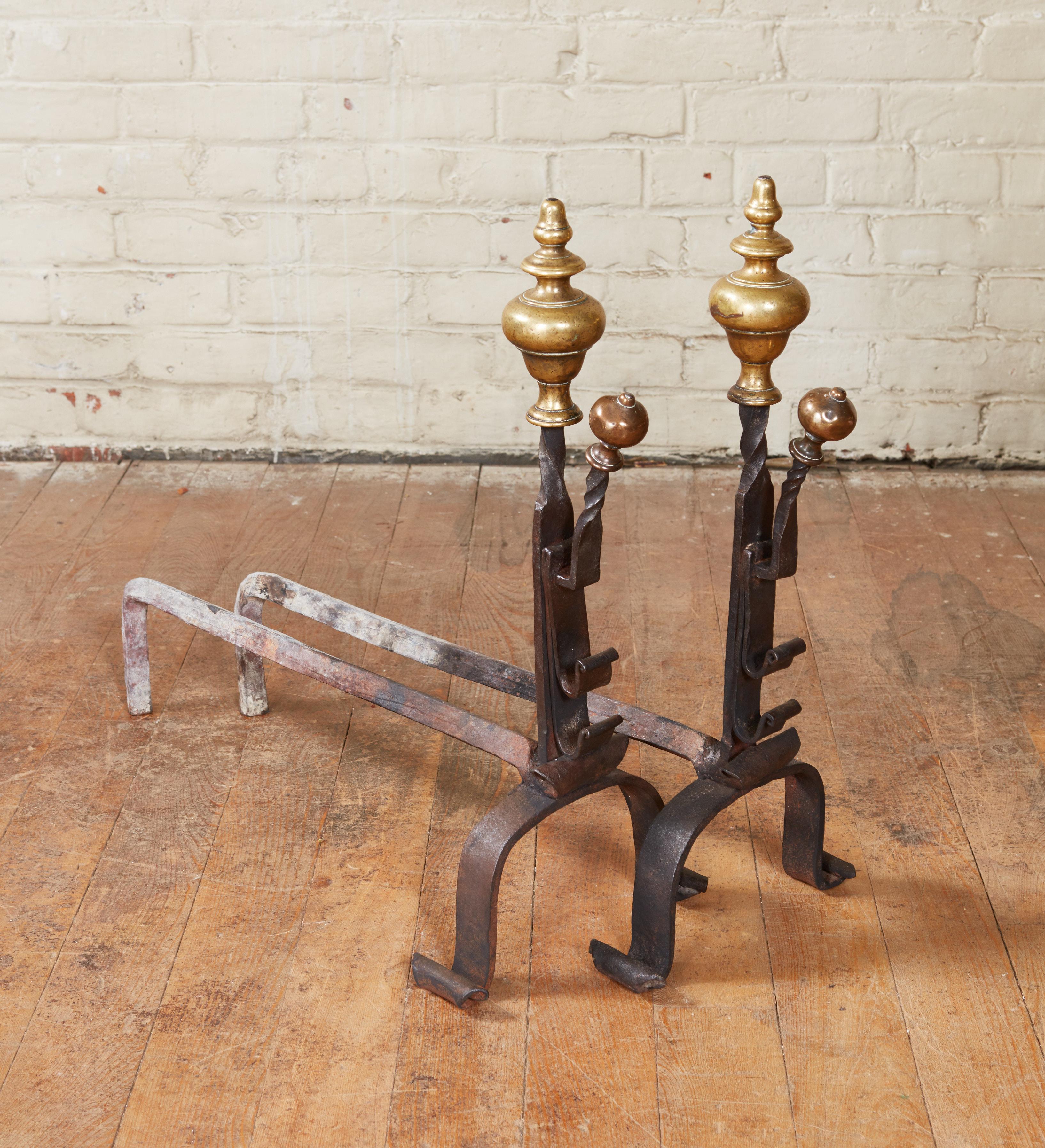 Baroque Pair of Turned Steeple Top Andirons For Sale