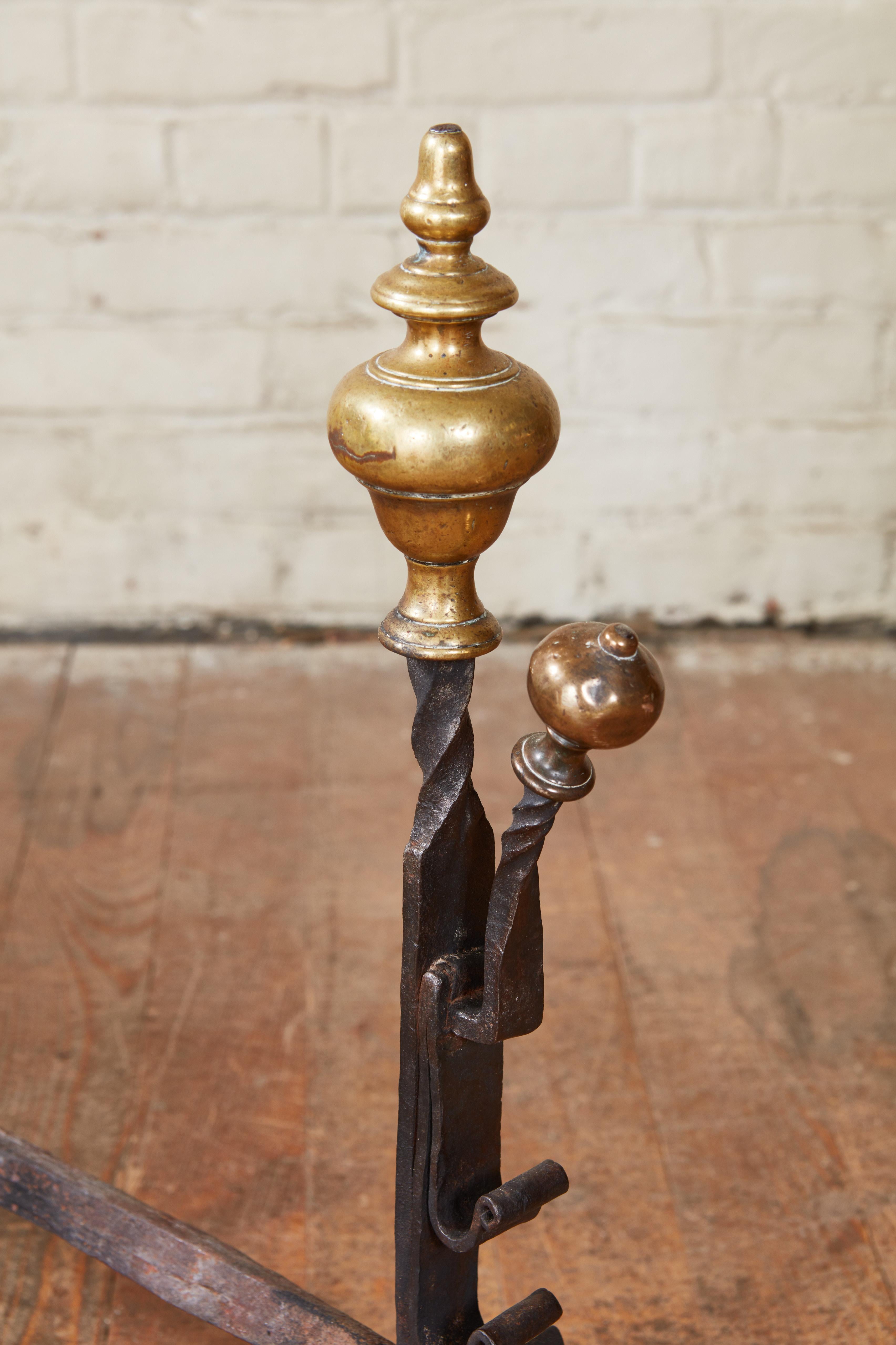 Dutch Pair of Turned Steeple Top Andirons For Sale