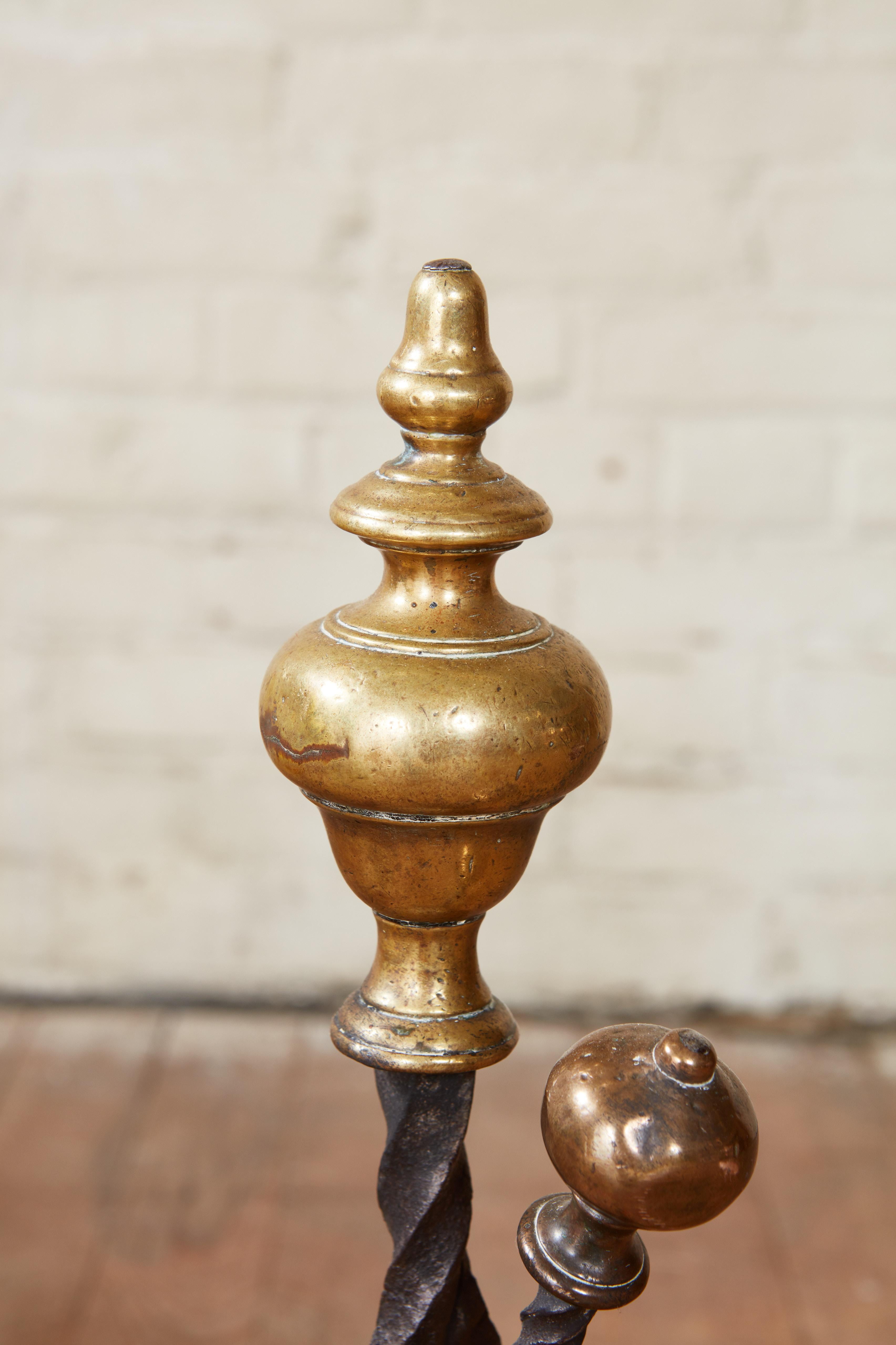 Bronze Pair of Turned Steeple Top Andirons For Sale