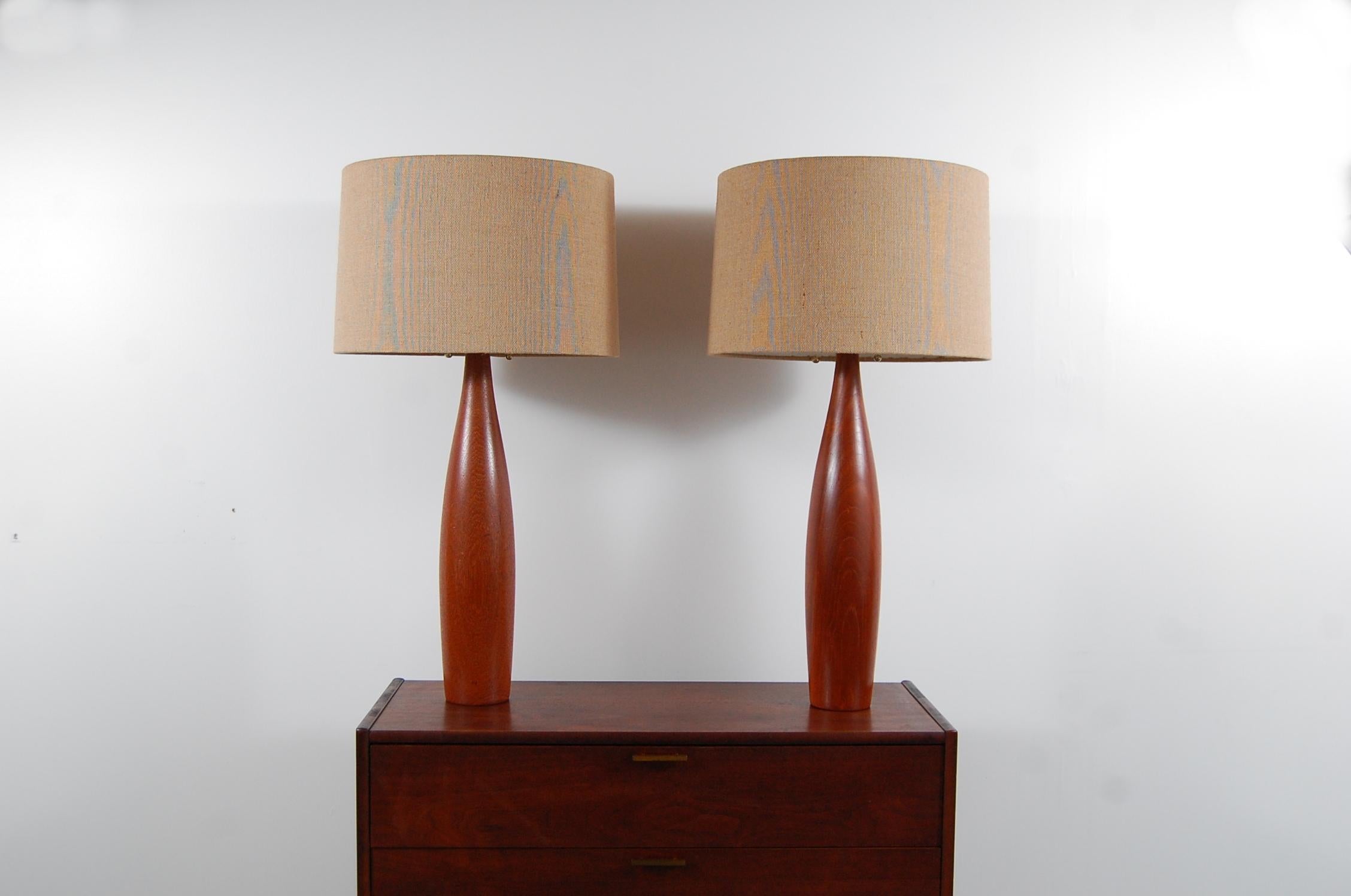 Mid-Century Modern Pair of Turned Teak Lamps from Denmark For Sale