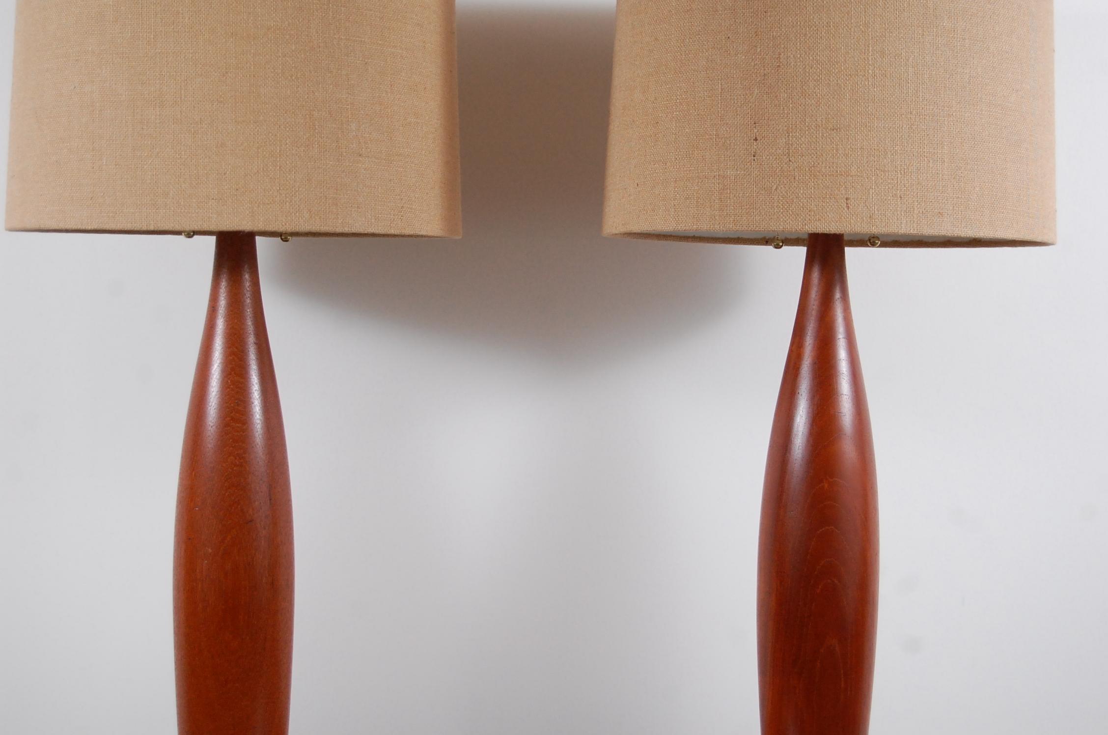 Danish Pair of Turned Teak Lamps from Denmark For Sale