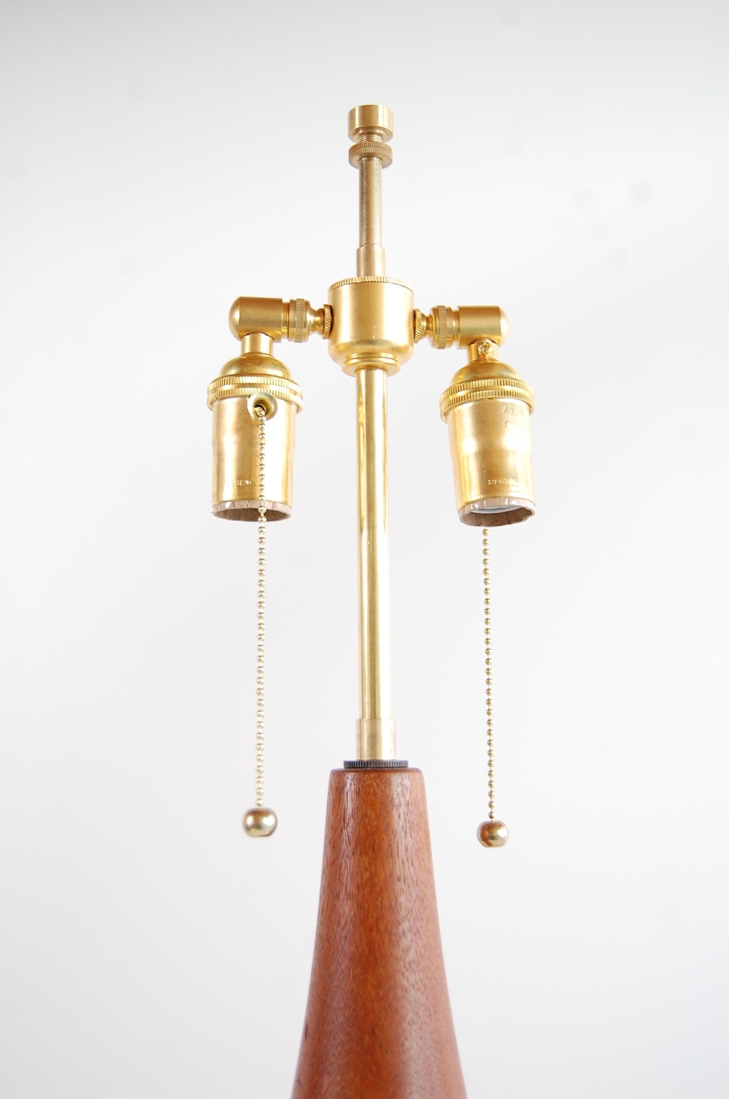 Brass Pair of Turned Teak Lamps from Denmark For Sale