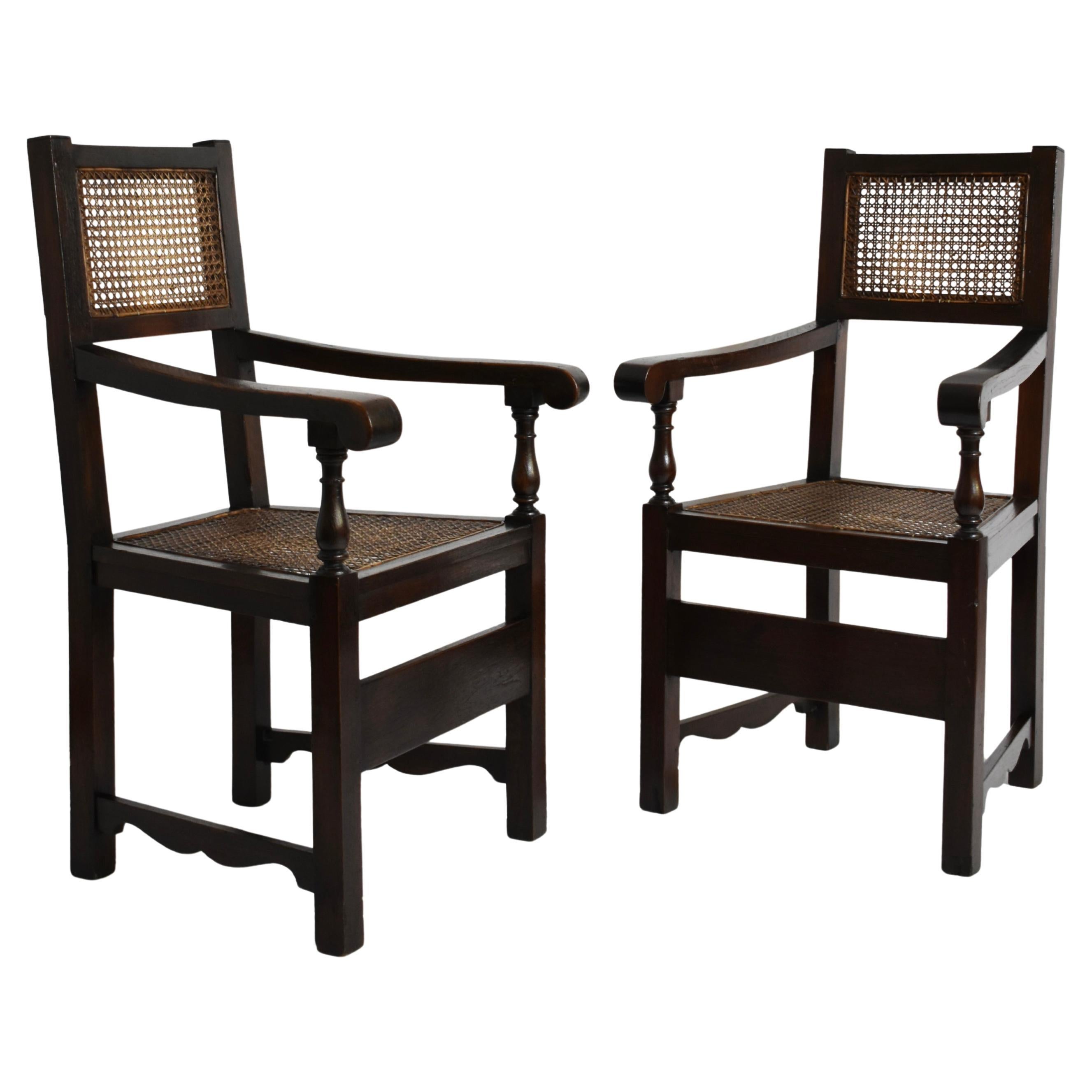 Pair of turned wood and cane armchairs, 1910s. For Sale