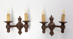 Pair of Turned Wood Double Sconces Beech Spanish Style Wall Lights c 1940 France