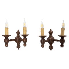 Pair of Turned Wood Double Sconces Beech Spanish Style Wall Lights c 1940 France