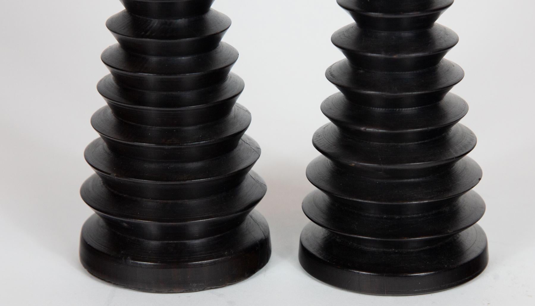 Mozambican Pair of Turned Wood Ebony Candlesticks