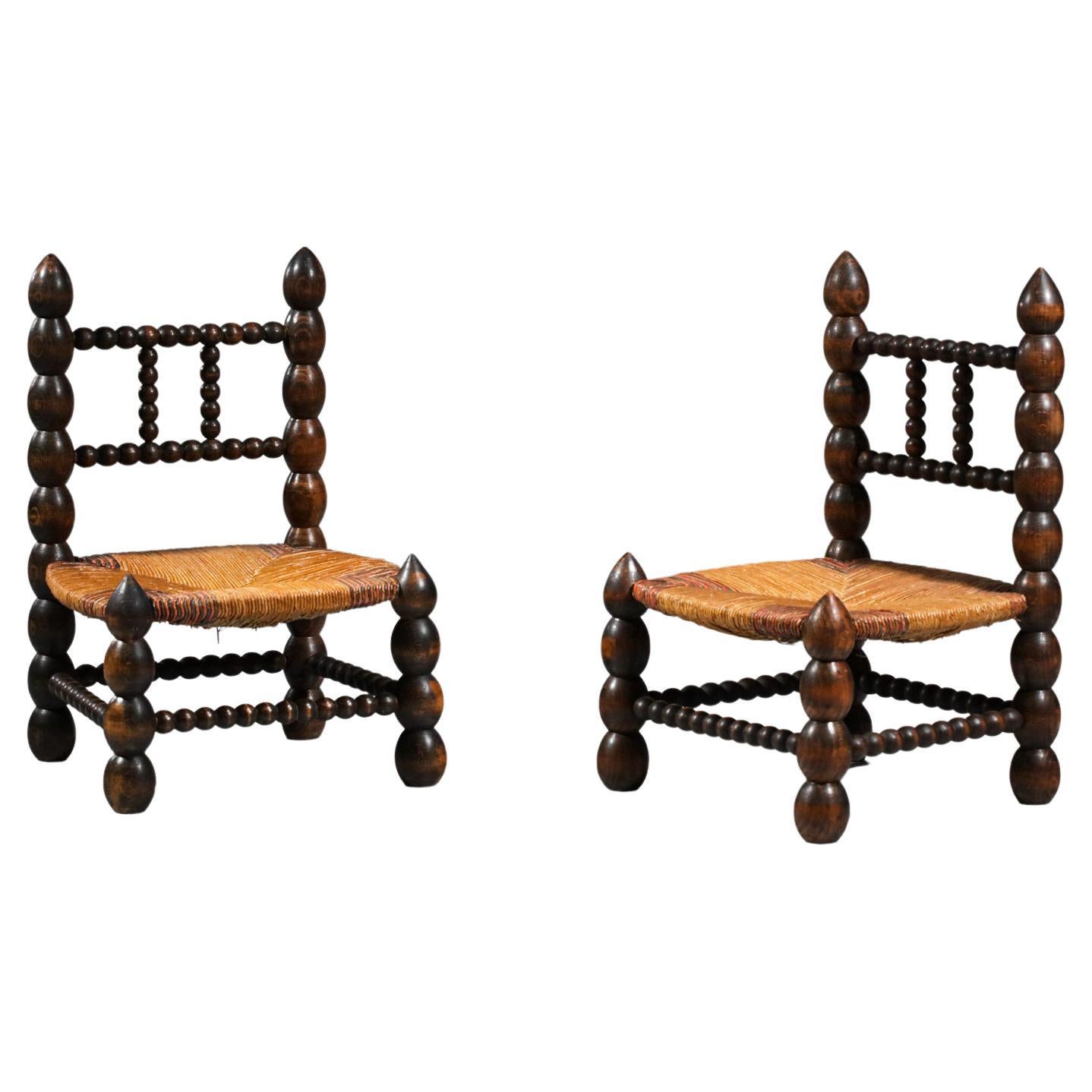 Pair of Turned Wood Fireplace Chairs from the 60s Popular French Design