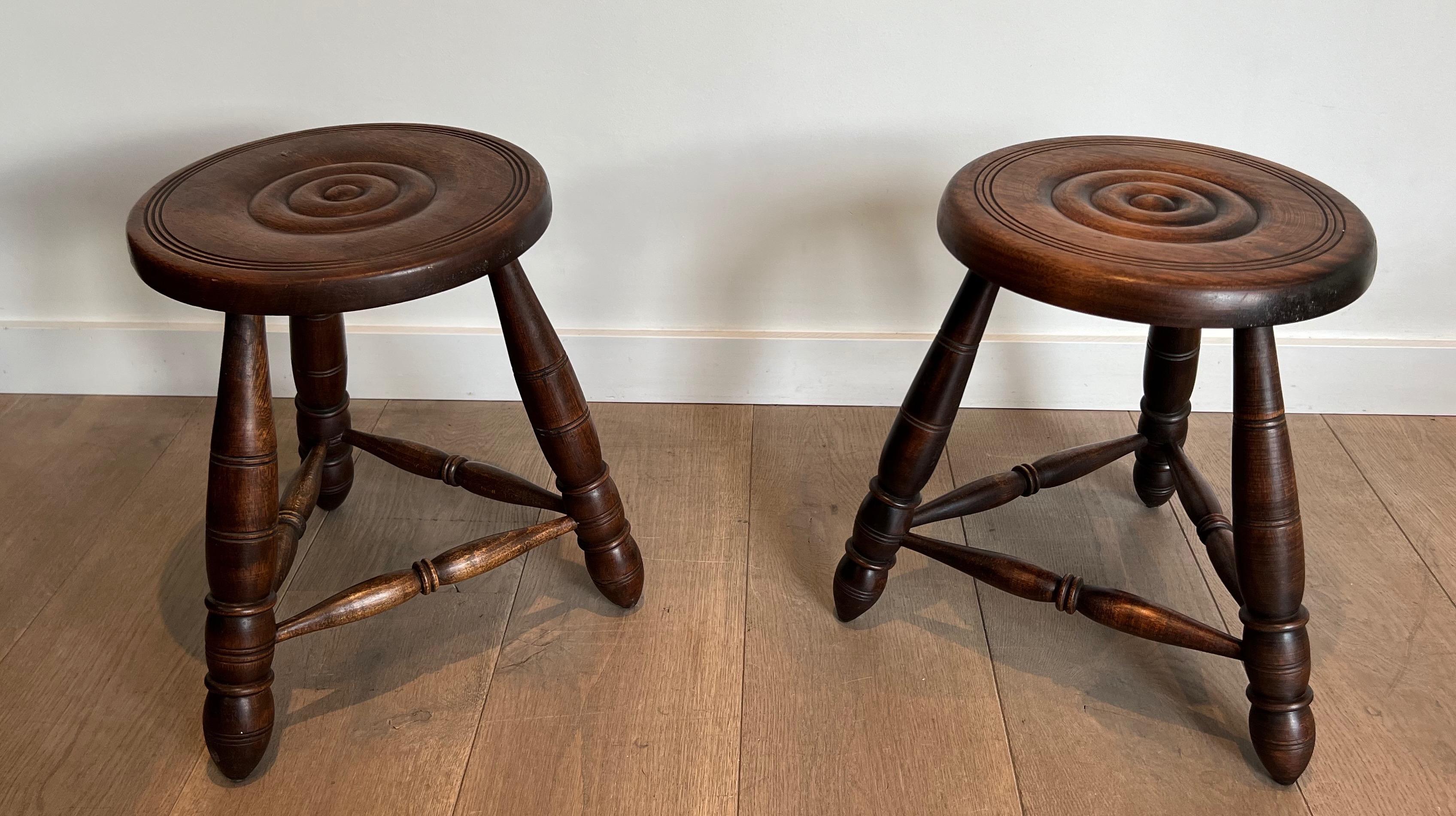 Pair of Turned Wood Stools Attributed to Charles Dudouyt For Sale 6