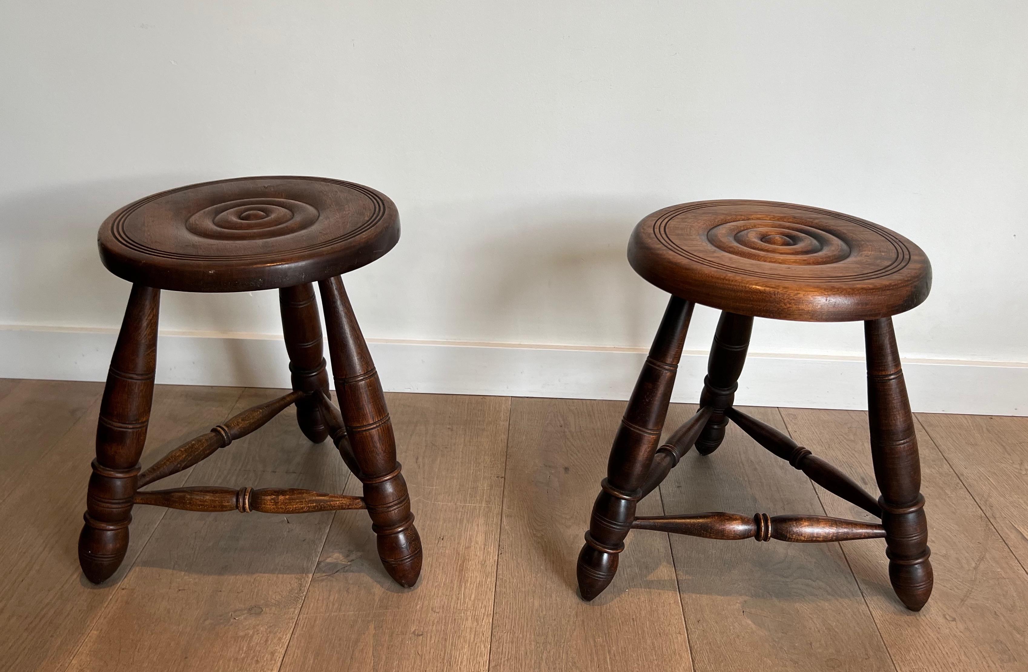 Pair of Turned Wood Stools Attributed to Charles Dudouyt For Sale 11