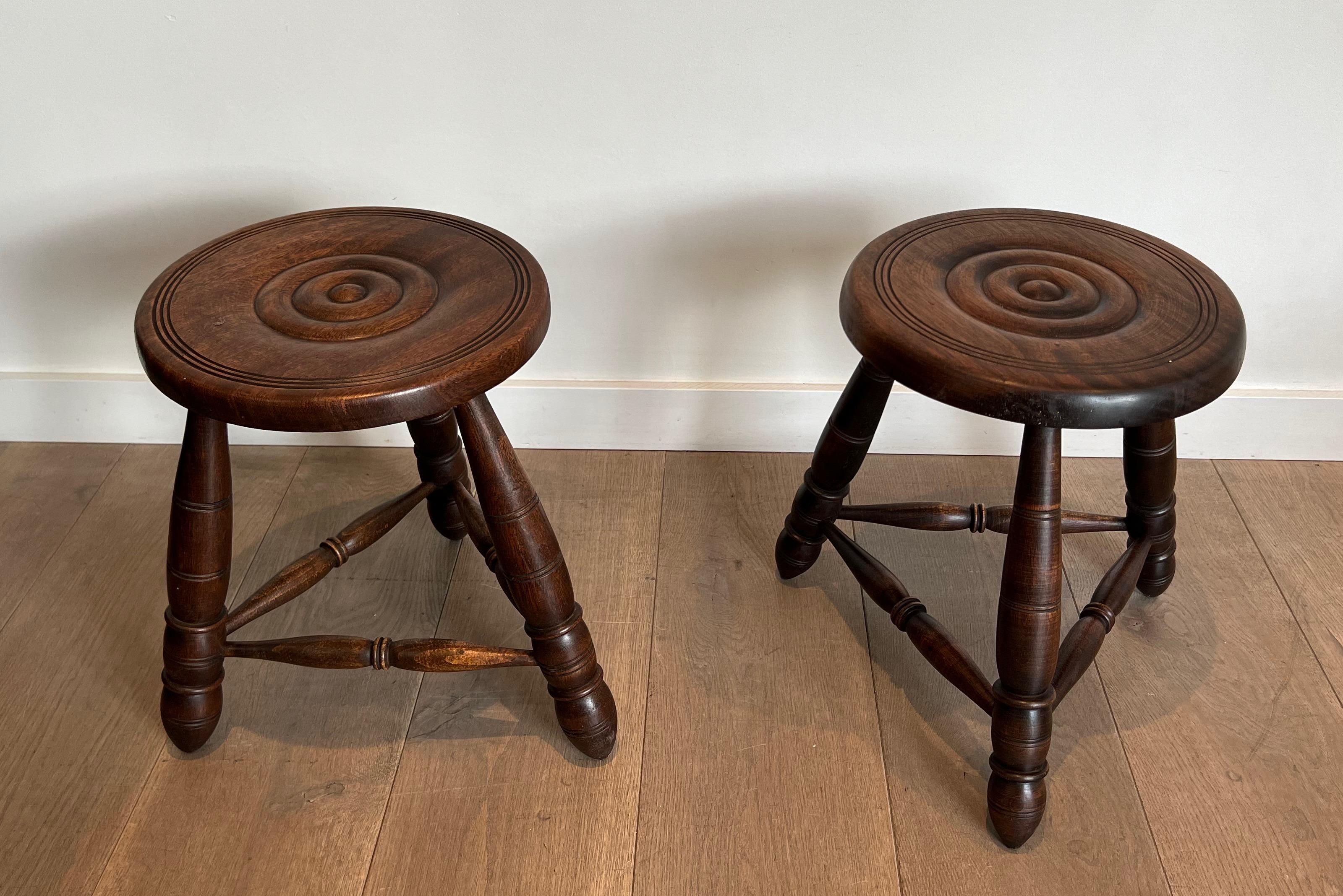 Brutalist Pair of Turned Wood Stools Attributed to Charles Dudouyt For Sale