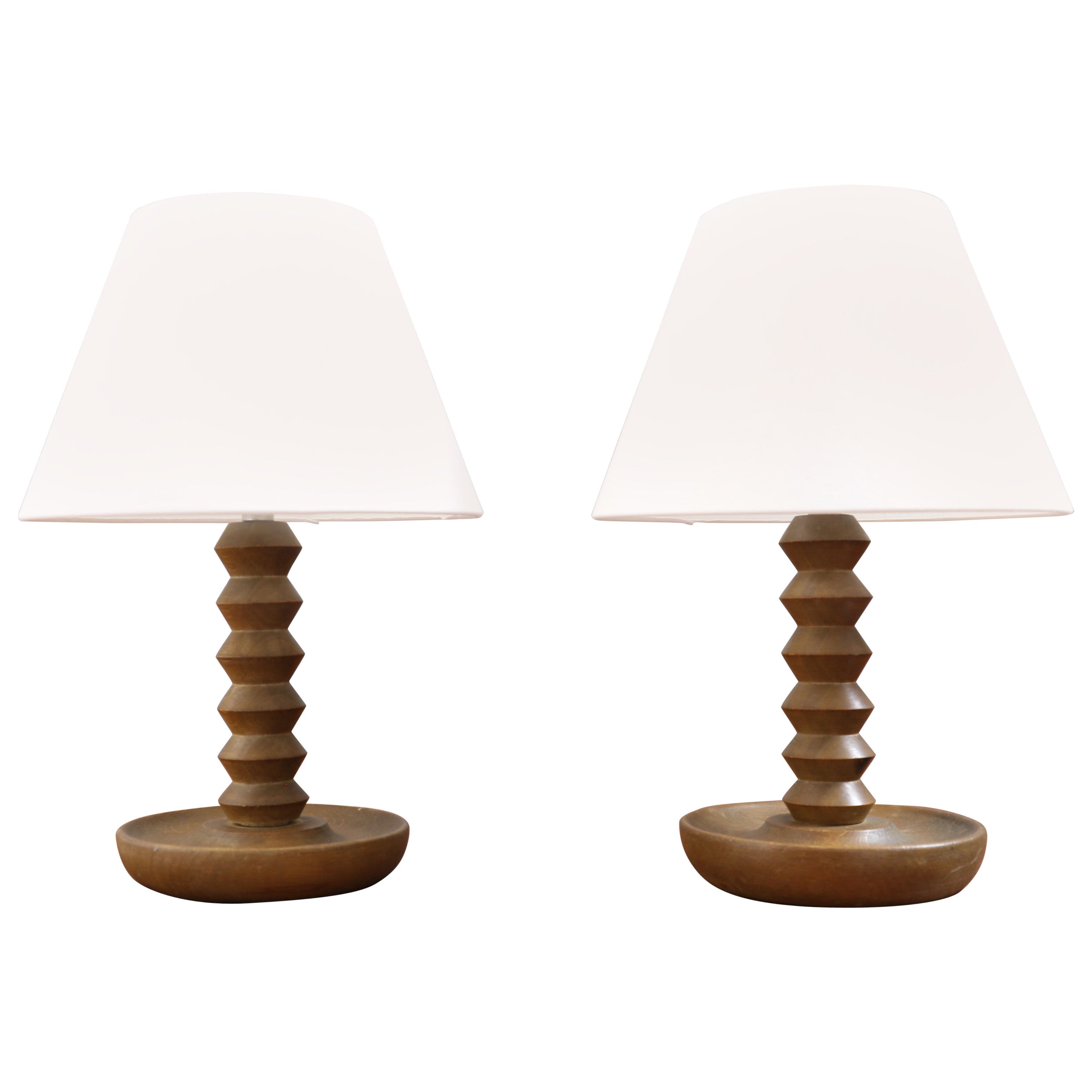 Pair of Turned Wood Table Lamps Attributed to Charles Dudouyt, French c.1940