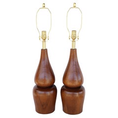 Retro Pair of Turned Wood Table Lamps