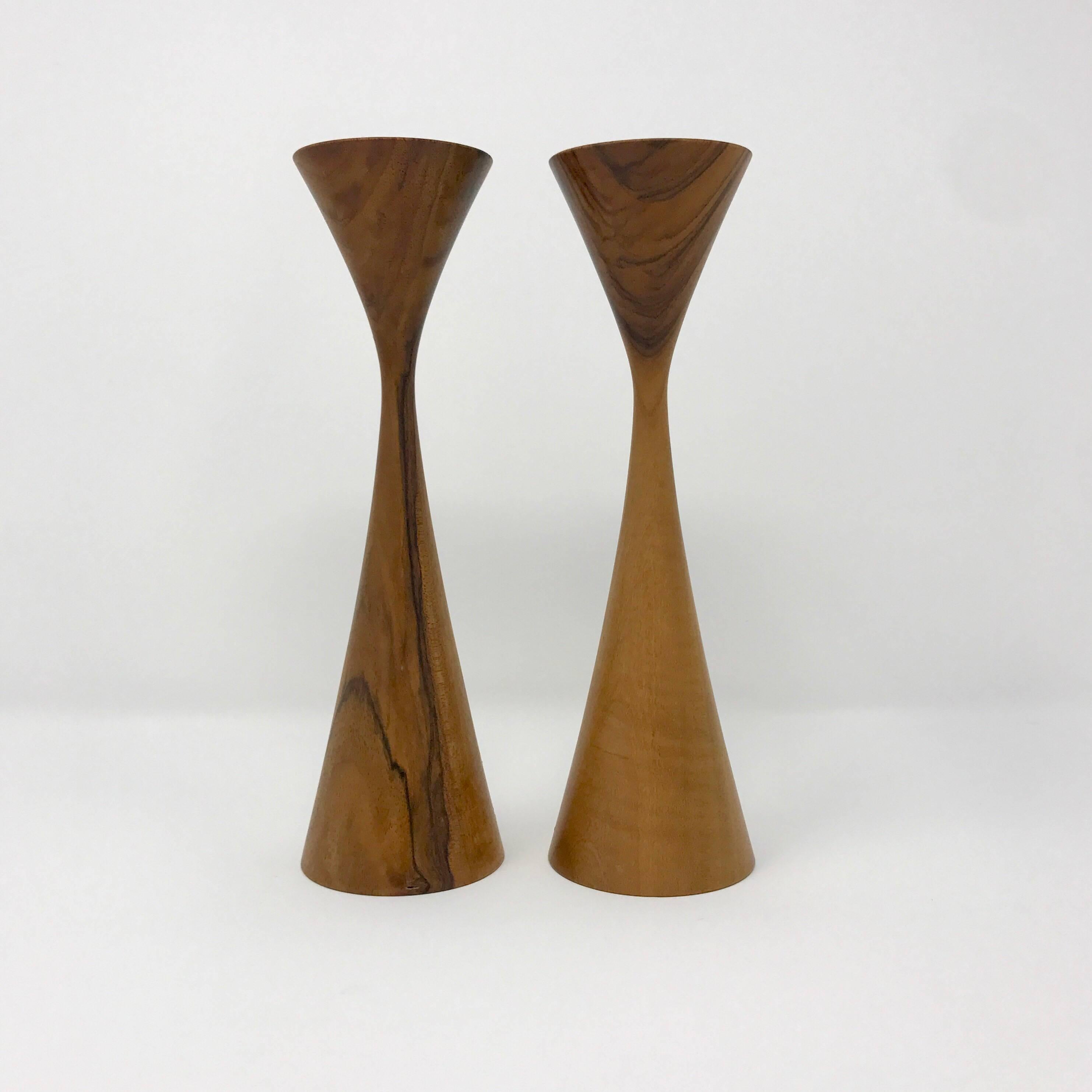 Mid-Century Modern Pair of Turned Wooden Candlesticks by Lanny Lyell